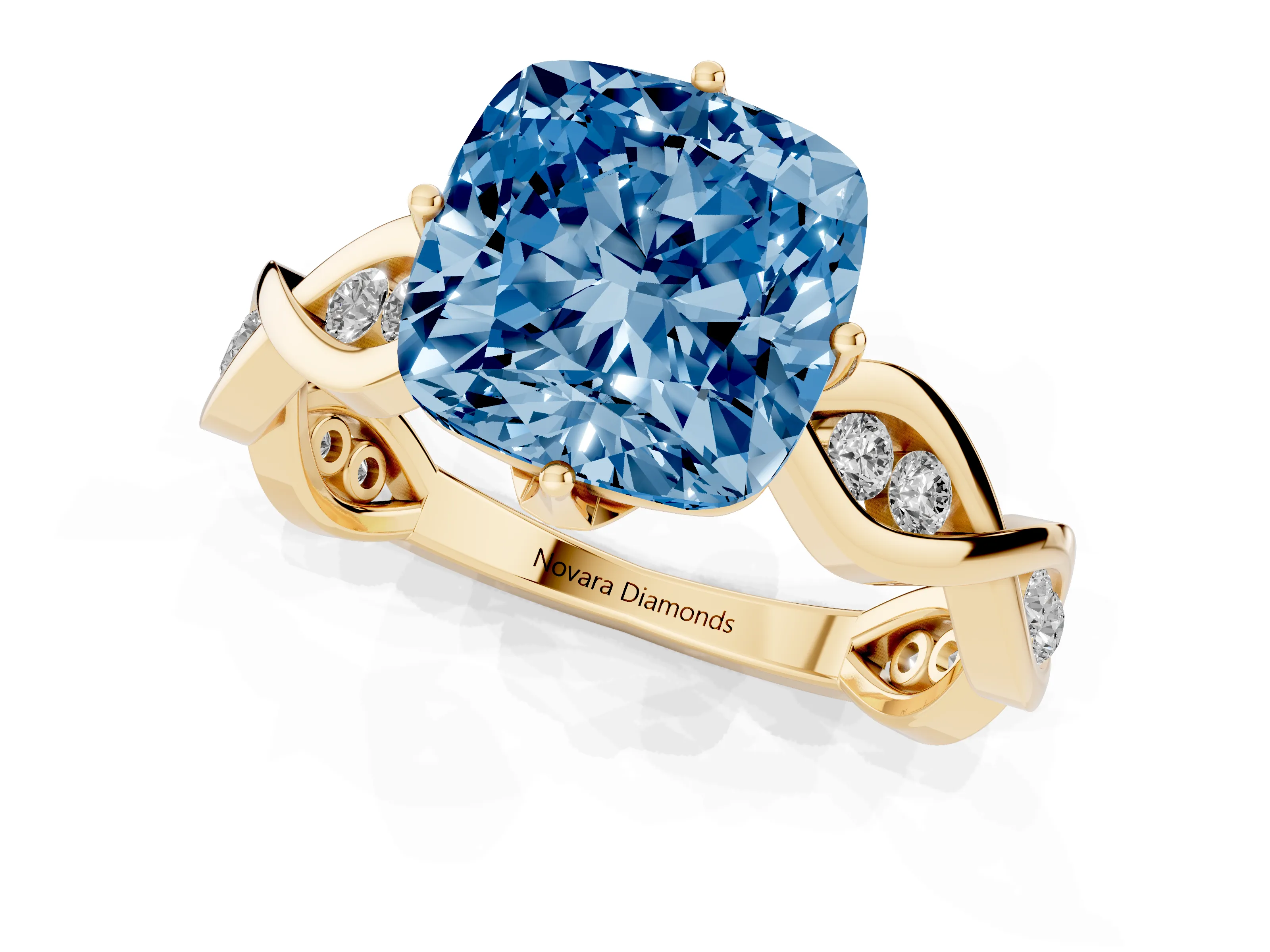 Fancy Blue Cushion Cut Diamond Twist Band Solitaire Ring Set in Yellow gold with Leaf Prong Setting and Accent Stones
