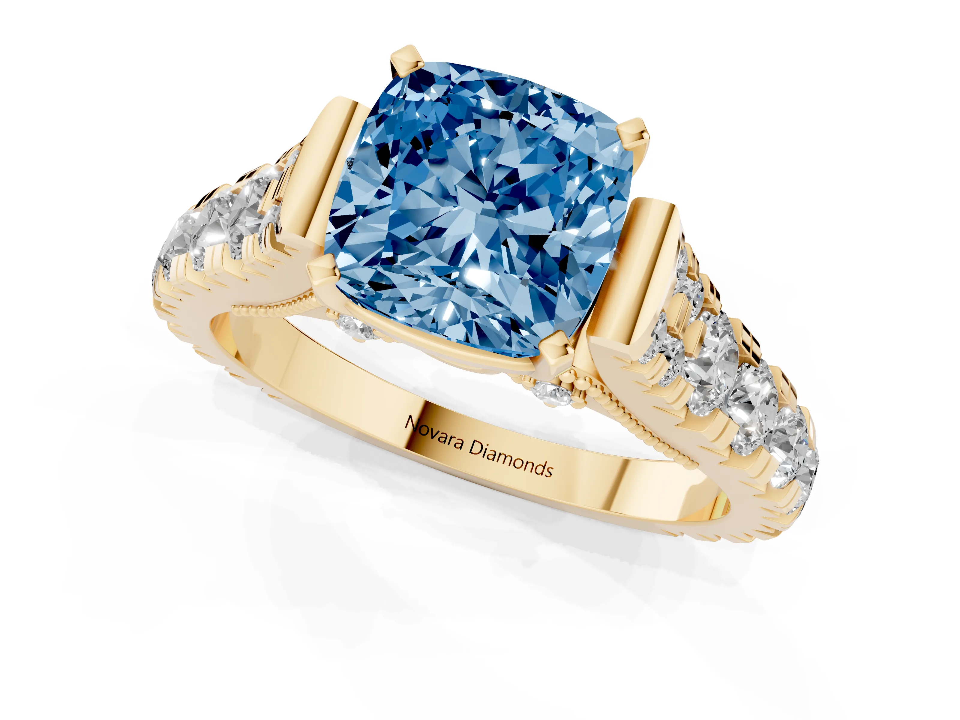 Fancy Blue Cushion Cut Diamond Classic Solitaire Ring Set in Yellow gold with Pavé Band and Prong Setting