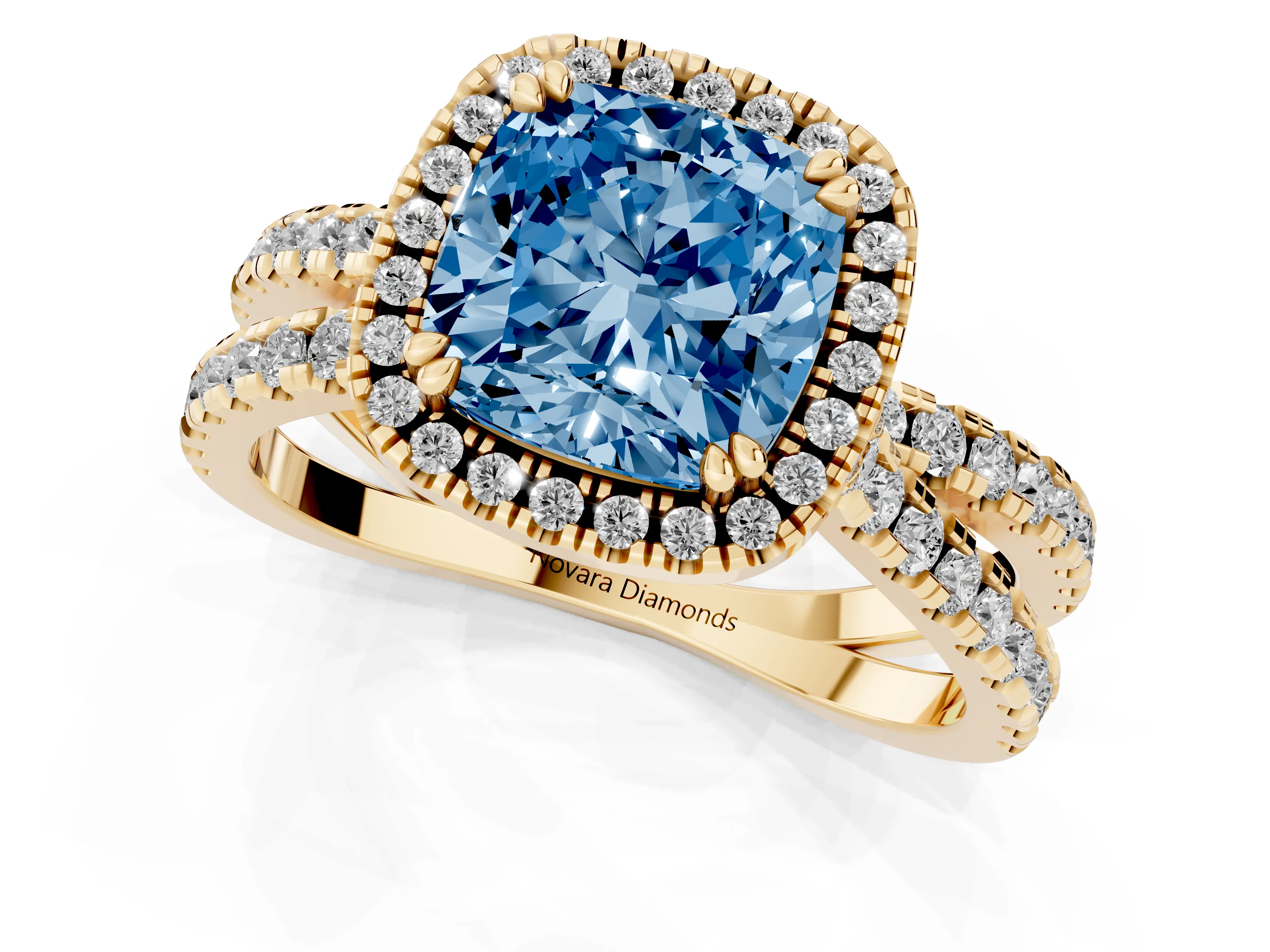 Fancy Blue Cushion Cut Diamond Halo Split Shank Ring Set in Yellow gold with Pavé Setting
