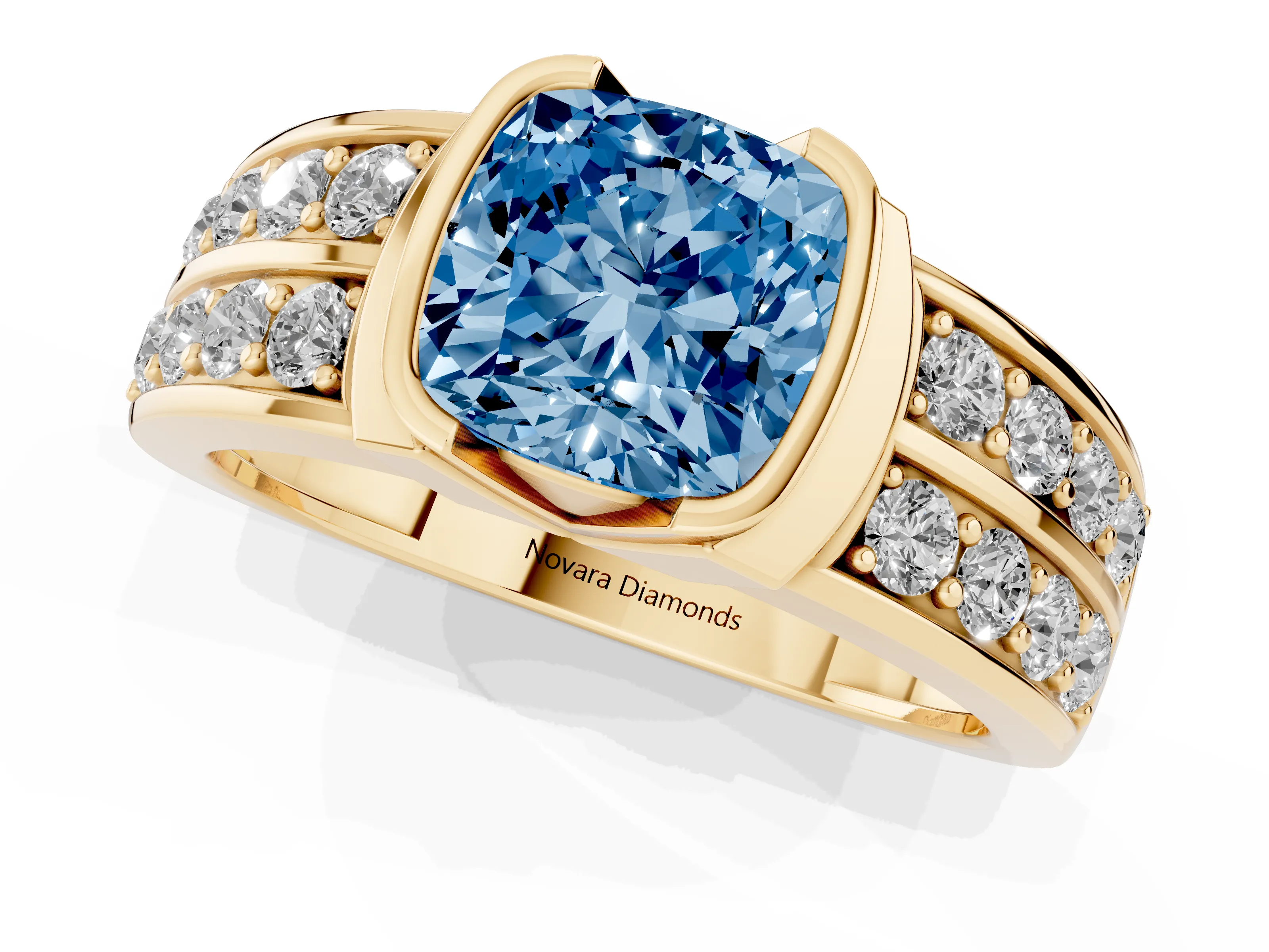Fancy Blue Cushion Cut Diamond Wide Channel Set Band Ring Set in Yellow gold with Bezel Setting
