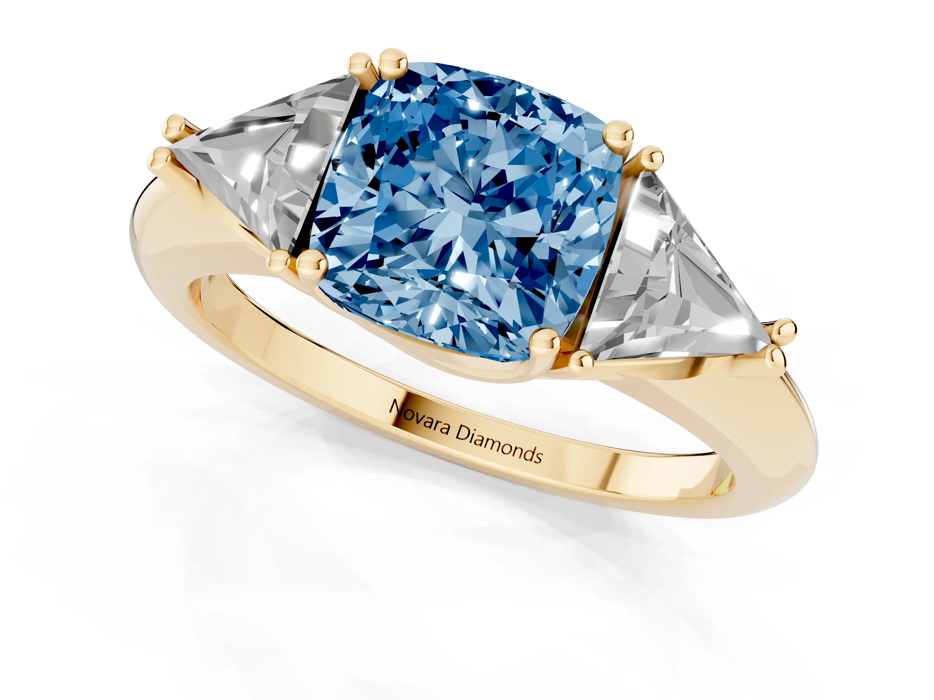 Fancy Blue Cushion Cut Diamond Three-Stone Engagement Ring Set in Yellow gold with Trillion Side Stones