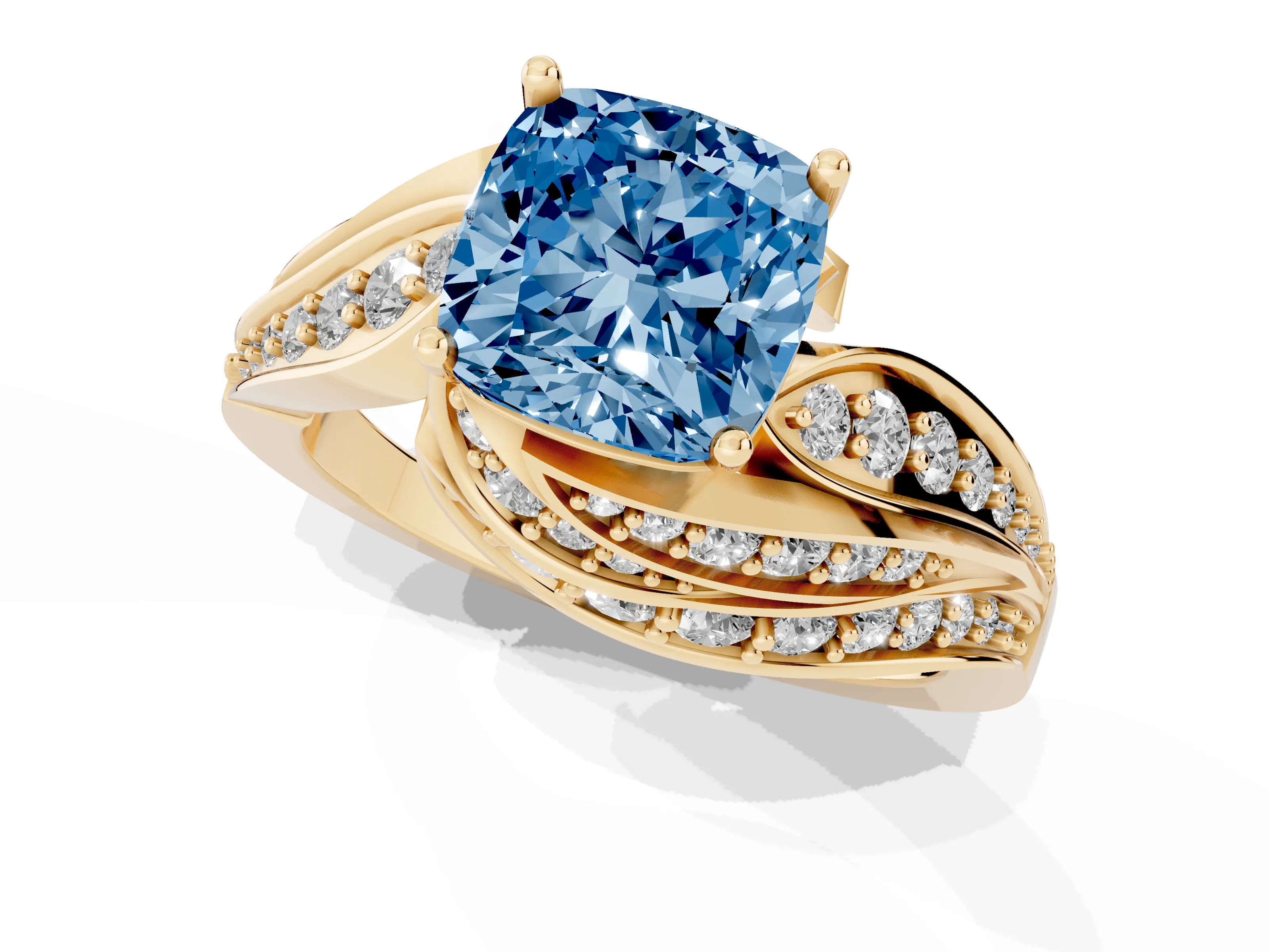 Fancy Blue Cushion Cut Diamond Solitaire Ring Set in Yellow gold with Layered Twist Pavé Band