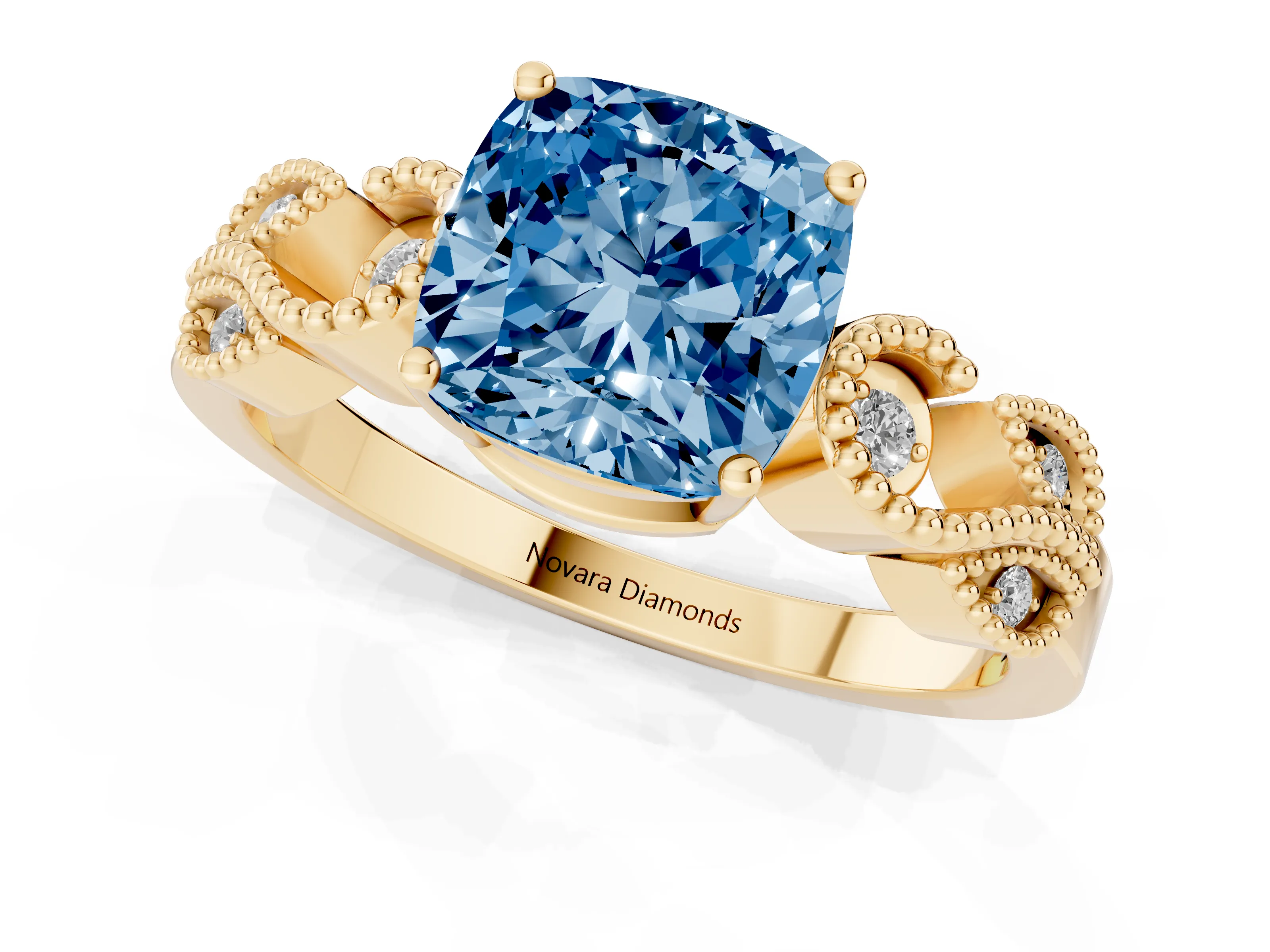 Fancy Blue Cushion Cut Diamond Milgrain Leaf Band Solitaire Ring Set in Yellow gold with Accent Stones and Prong Setting – second view
