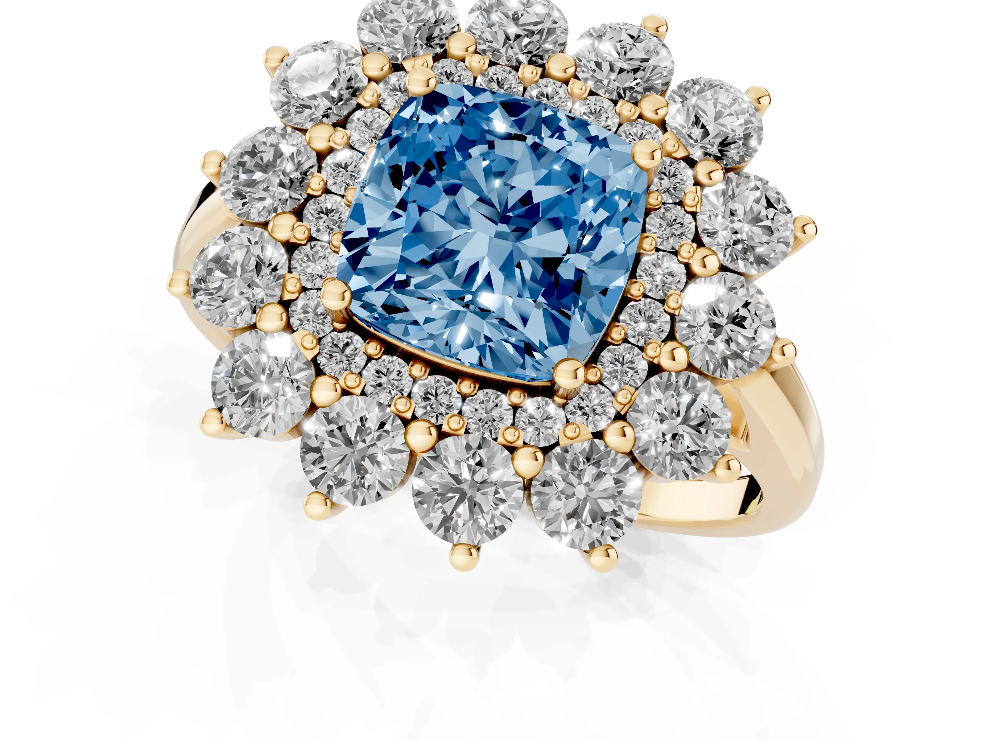 Fancy Blue Cushion Cut Diamond Floral Double Halo Ring Set in Yellow gold with Round Petals