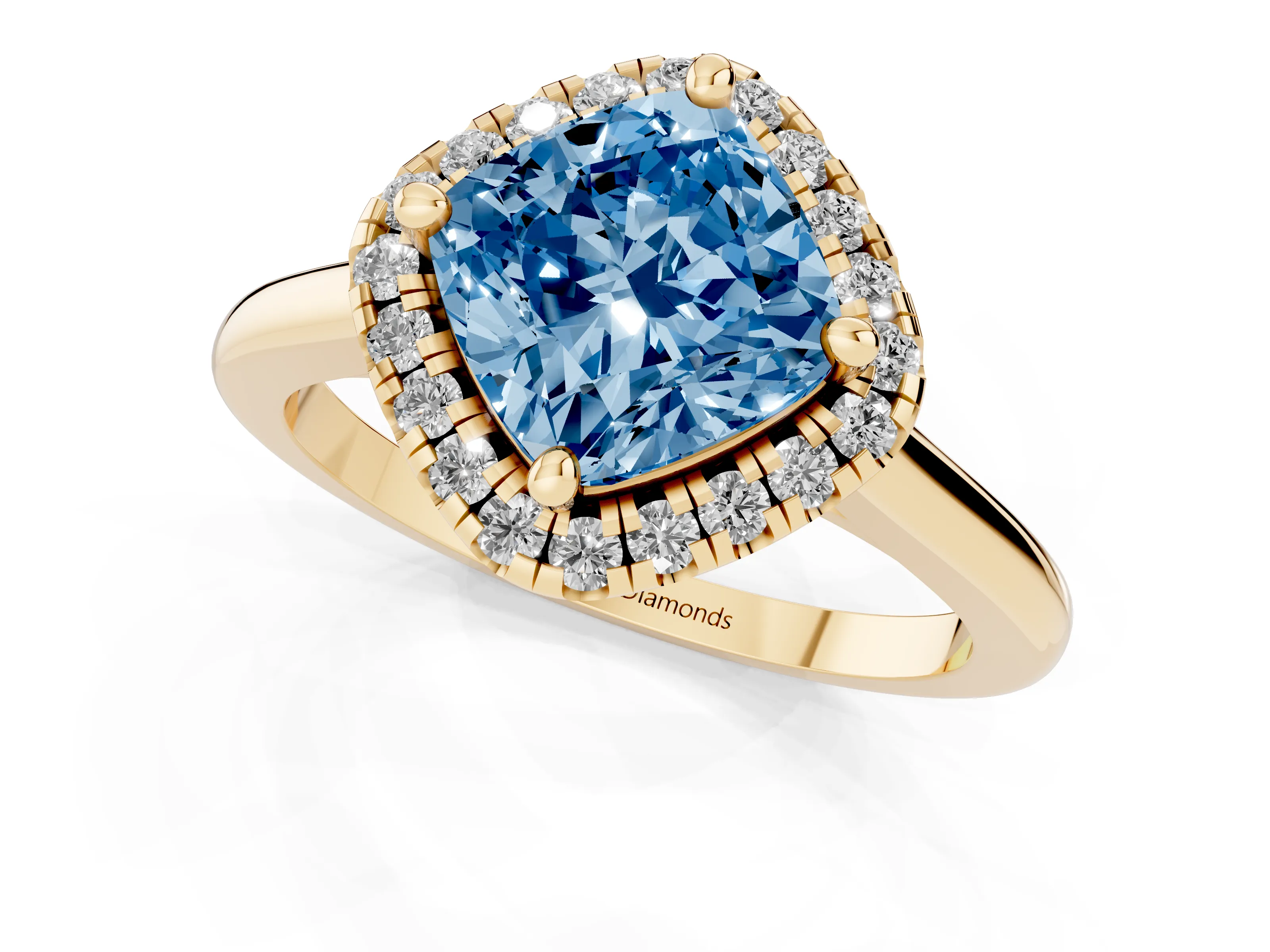 Fancy Blue Cushion Cut Diamond Halo Engagement Ring Set in Yellow gold with Pavé Band and Rising Shoulders