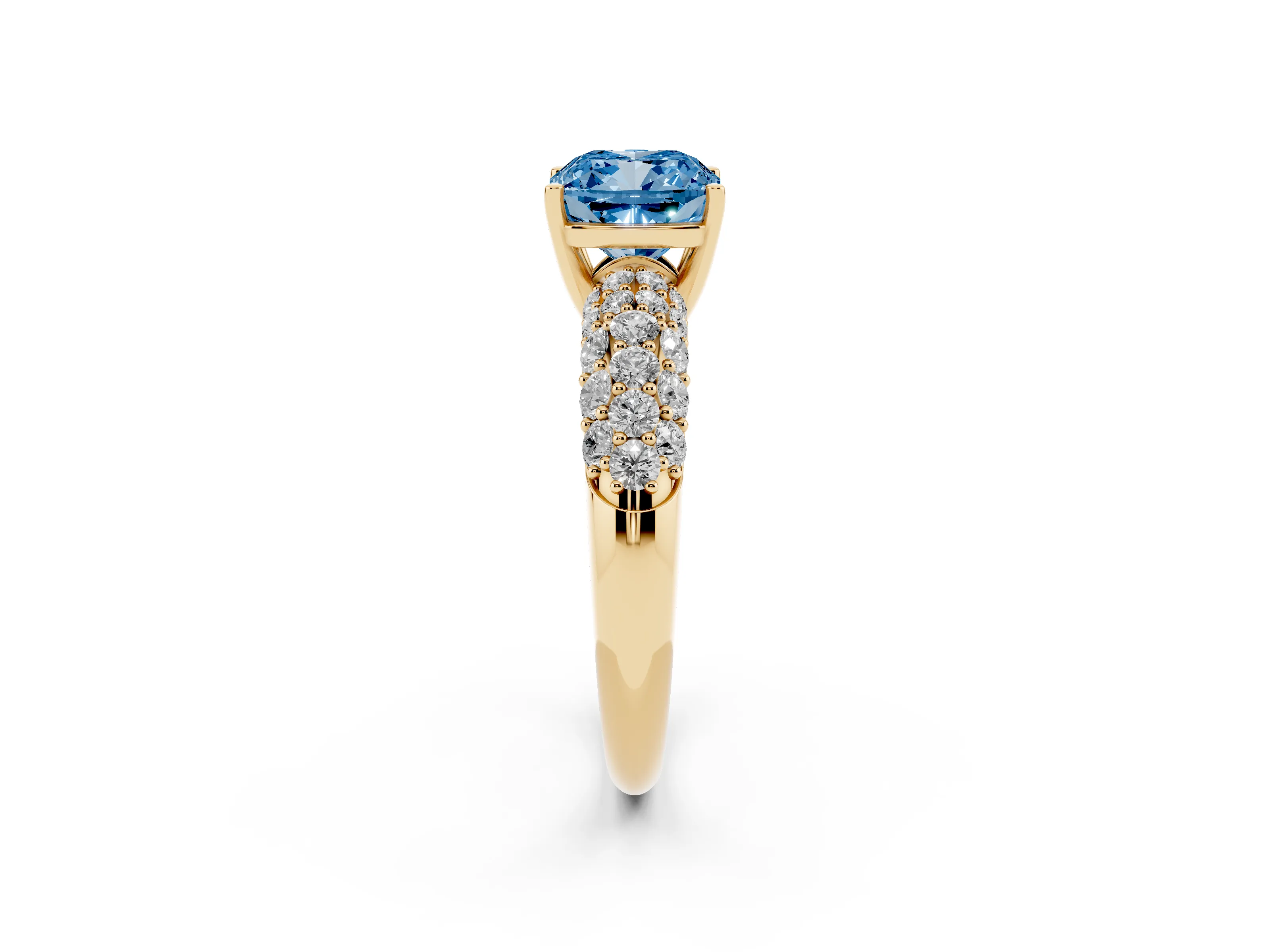 Fancy Blue Cushion Cut Diamond Pavé Band Solitaire Ring Set in Yellow gold with Close-Set Accent Stones and Prong Setting
