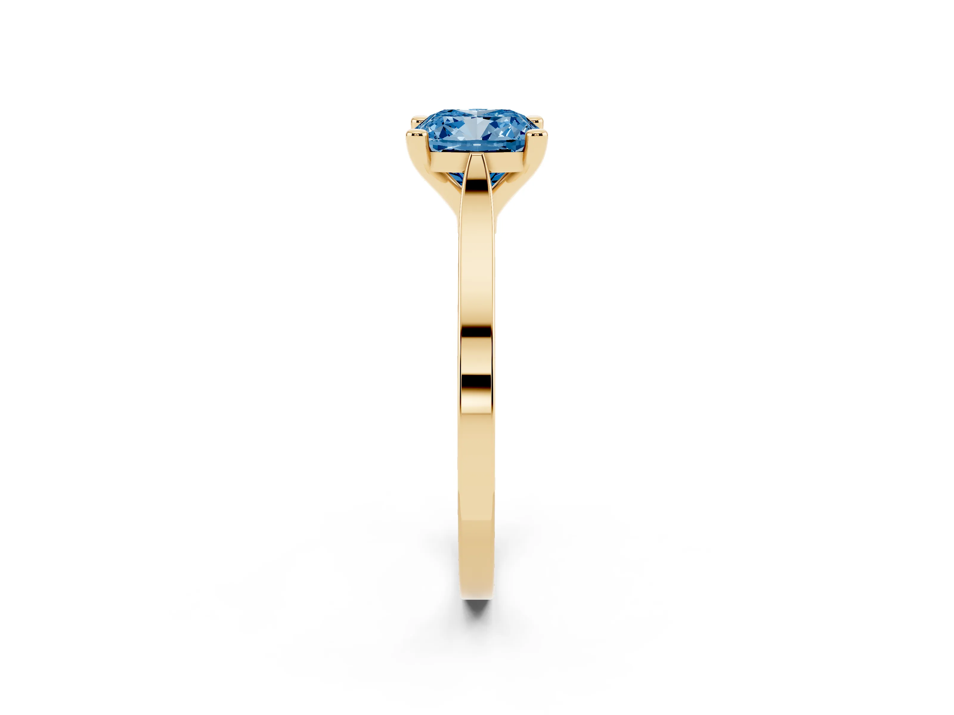 Fancy Blue Cushion Cut Diamond Solitaire Ring Set in Yellow gold with Prong Setting and Tapered Band
