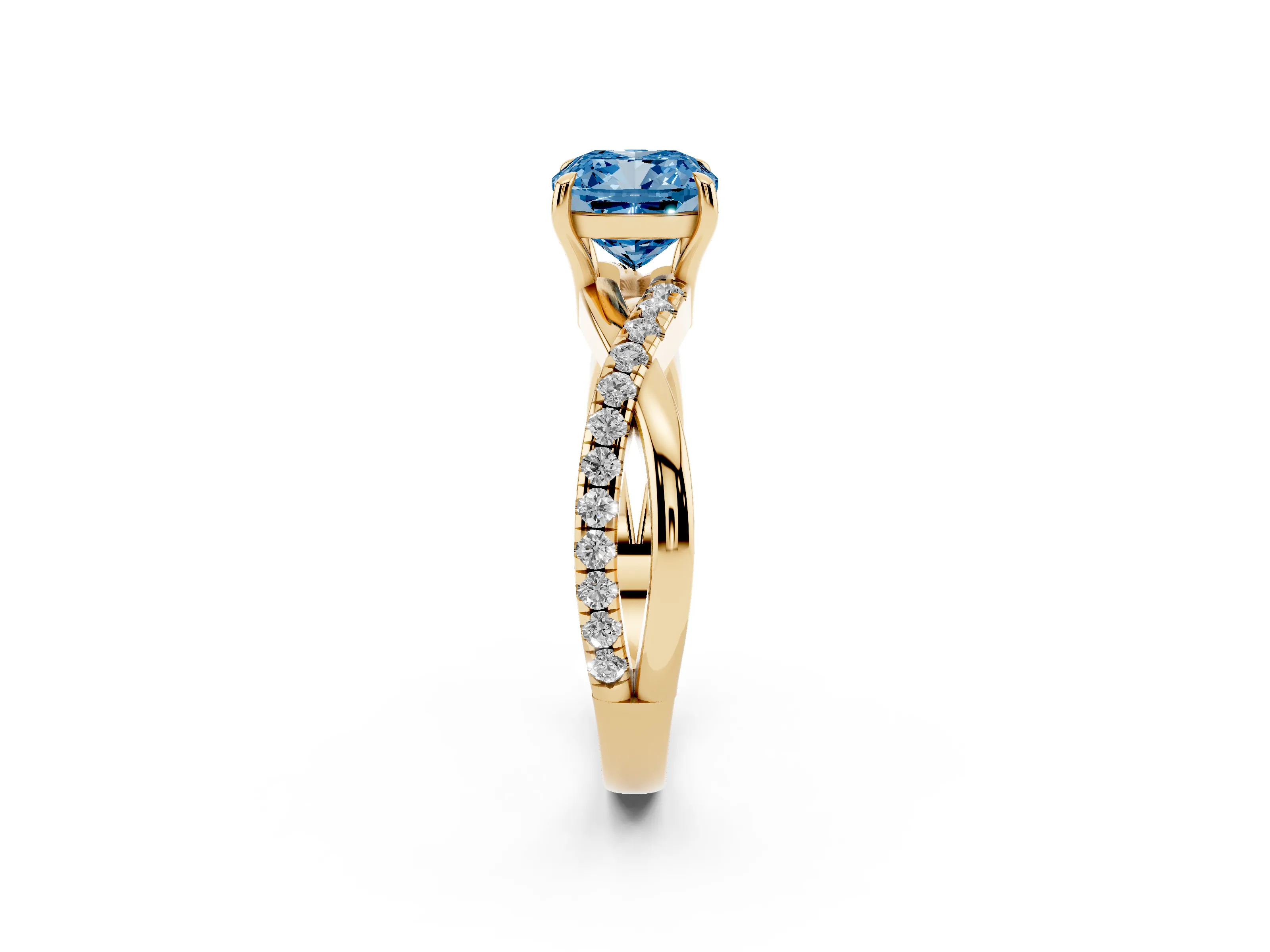 Fancy Blue Cushion Cut Diamond Twisted Pavé Band Ring Set in Yellow gold with Prong Setting