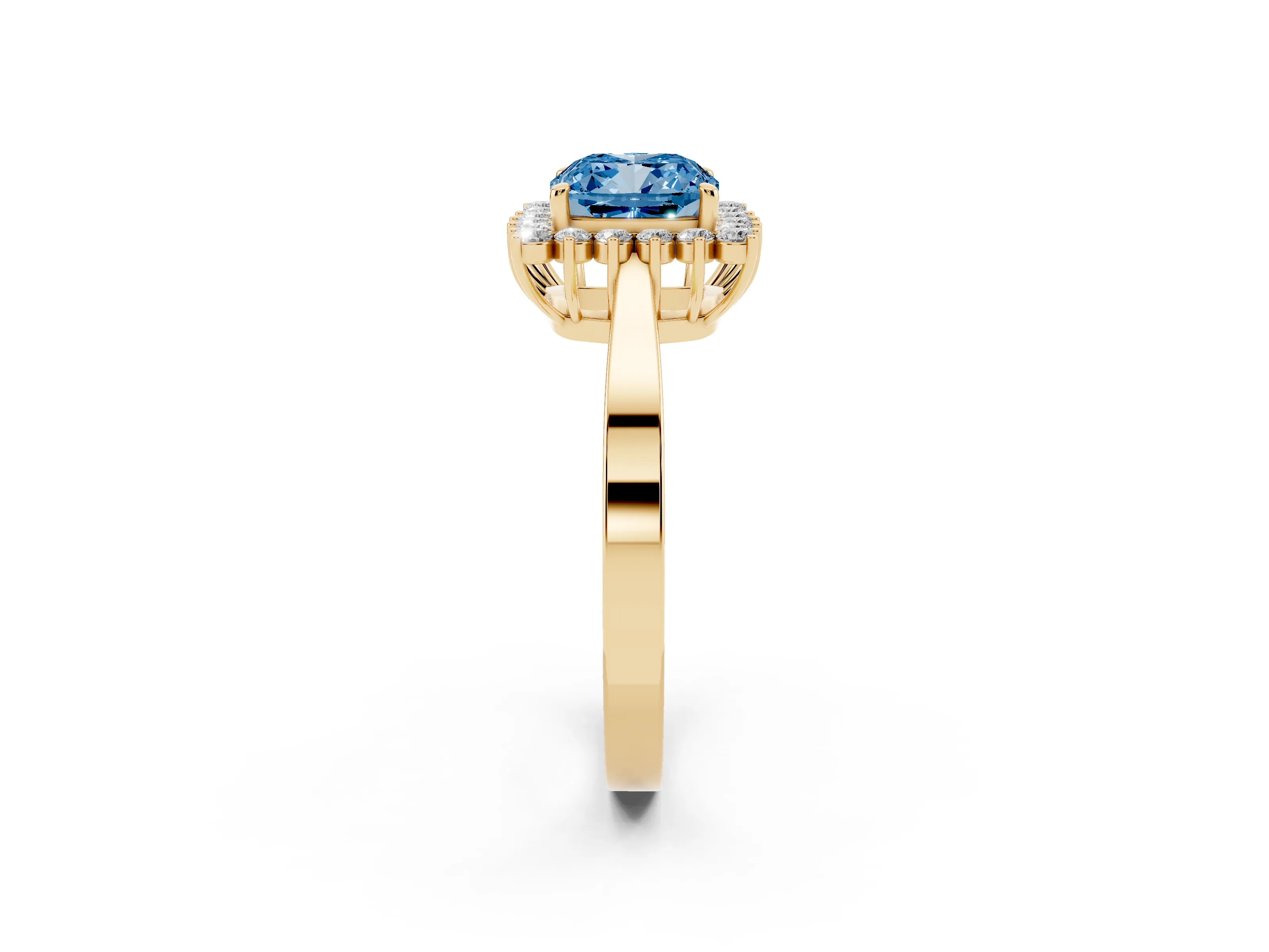 Fancy Blue Cushion Cut Diamond Halo Ring Set in Yellow gold with Round Halo and Smooth Solitaire Band
