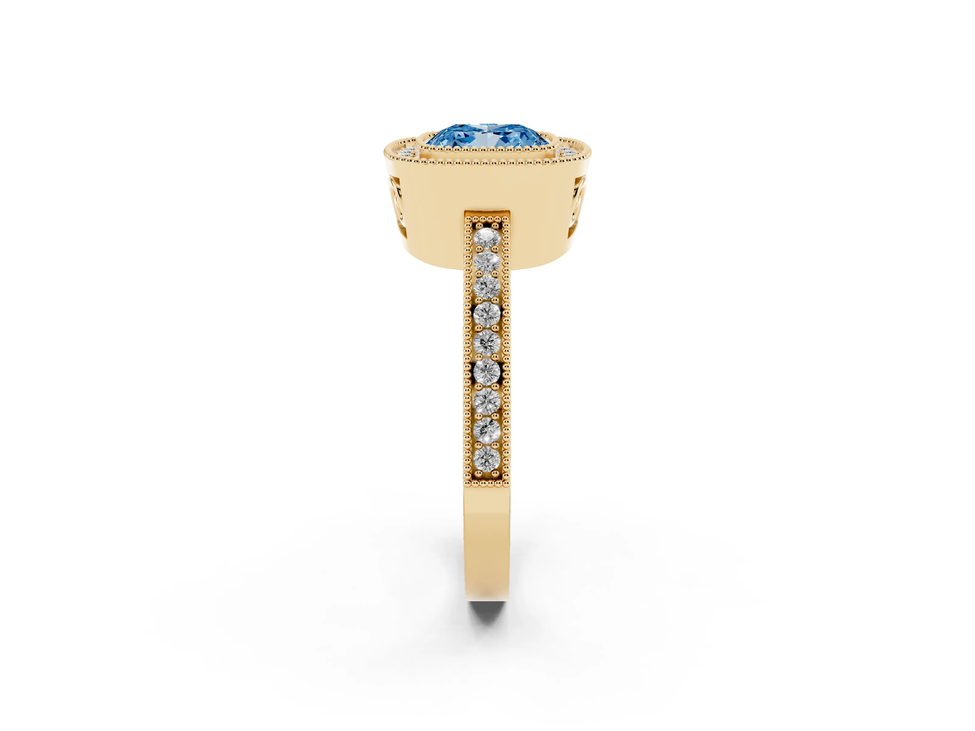 Fancy Blue Cushion Cut Diamond Round Halo Ring Set in Yellow gold with Pavé Band