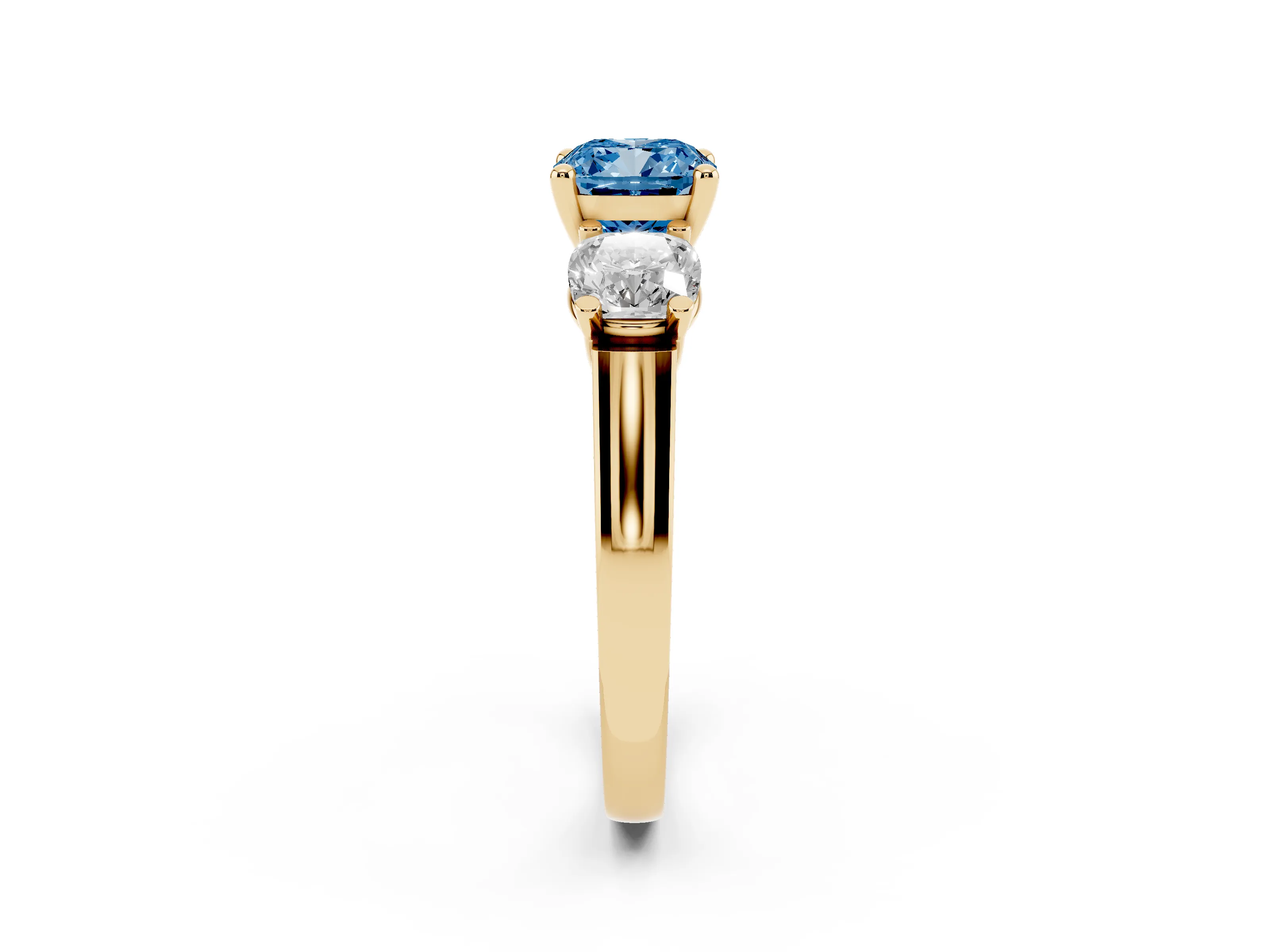 Fancy Blue Cushion Cut Diamond Three-Stone Trellis Ring Set in Yellow gold with Comfort Fit Band