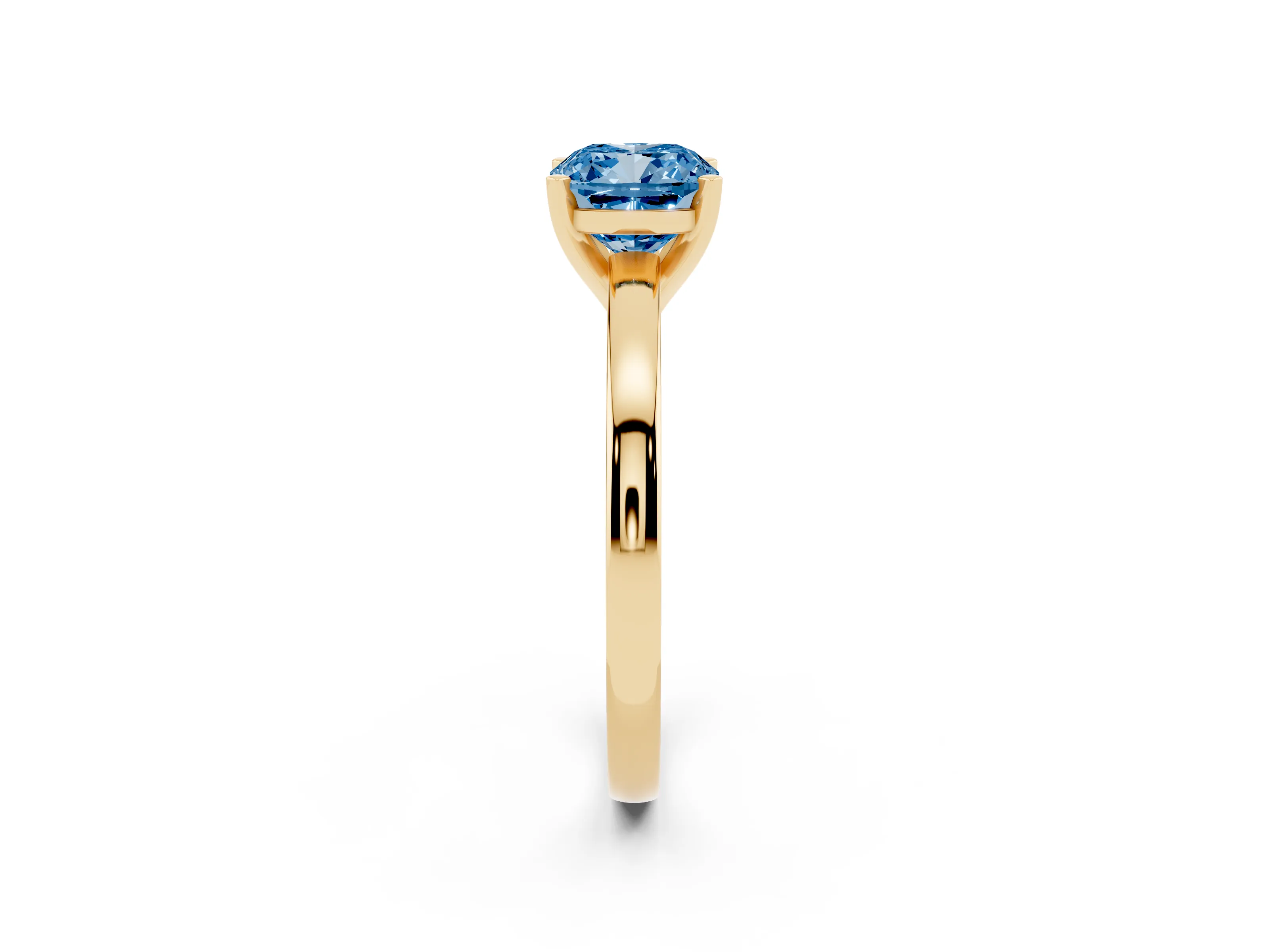 Fancy Blue Cushion Cut Diamond Solitaire Engagement Ring Set in Yellow gold with Prong Setting on a Classic Band