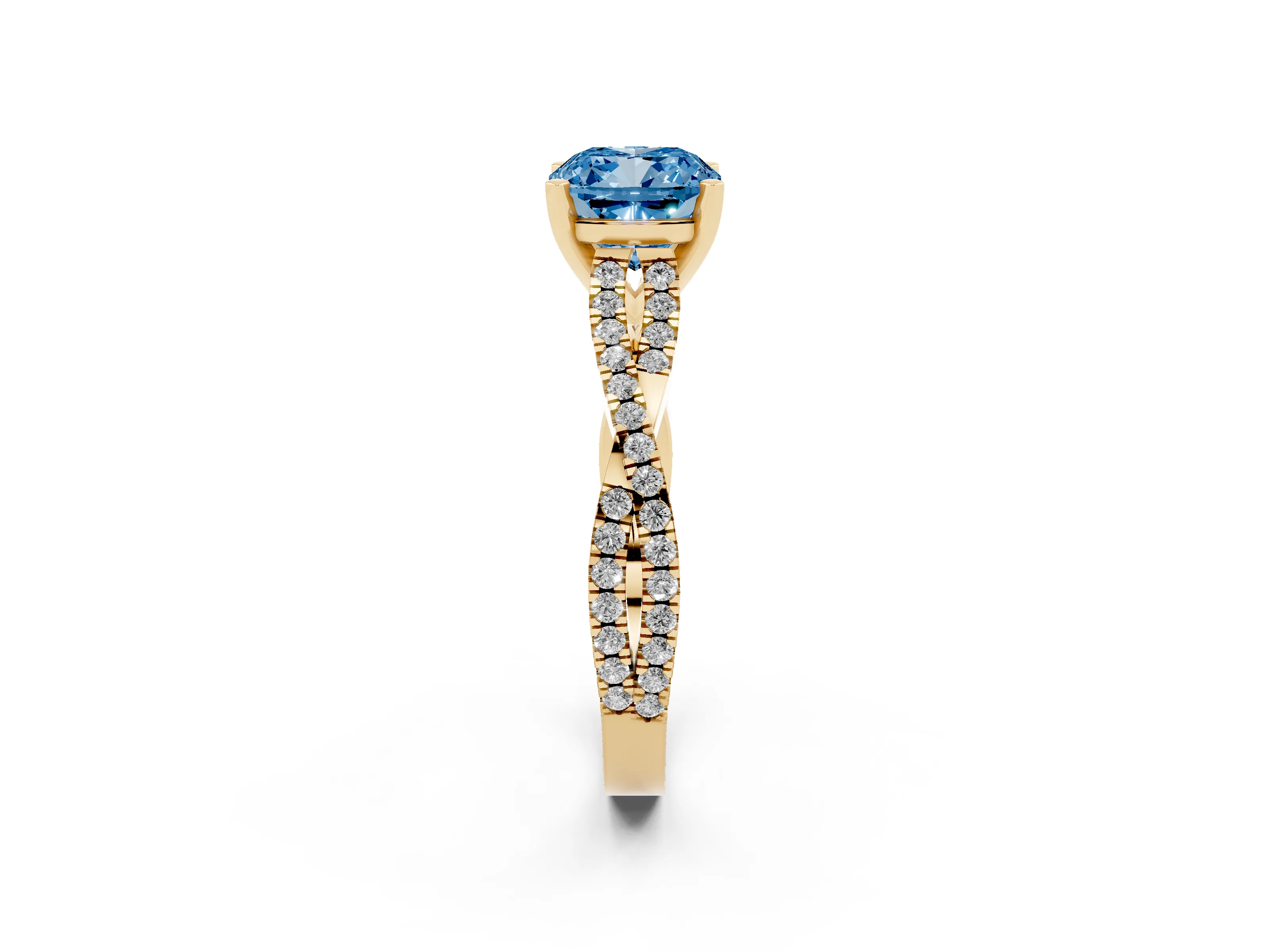 Fancy Blue Cushion Cut Diamond Solitaire Engagement Ring Set in Yellow gold with Twisted Pavé Band and Prong Setting