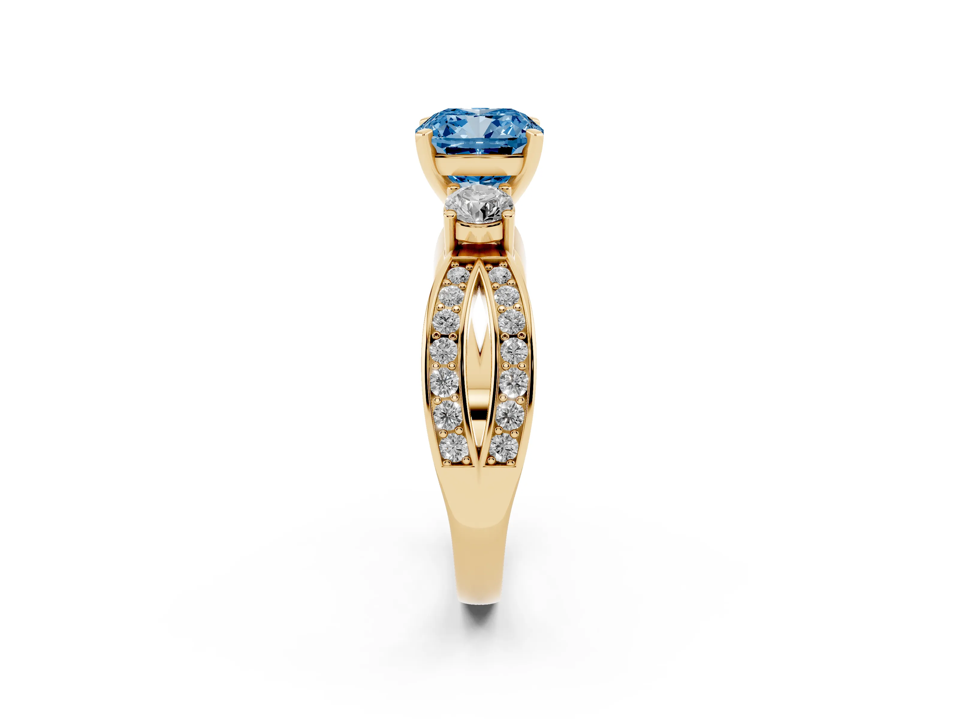 Fancy Blue Three-Stone Cushion Cut Diamond Twist Band Ring Set in Yellow gold with Pavé Accents and Prong Setting