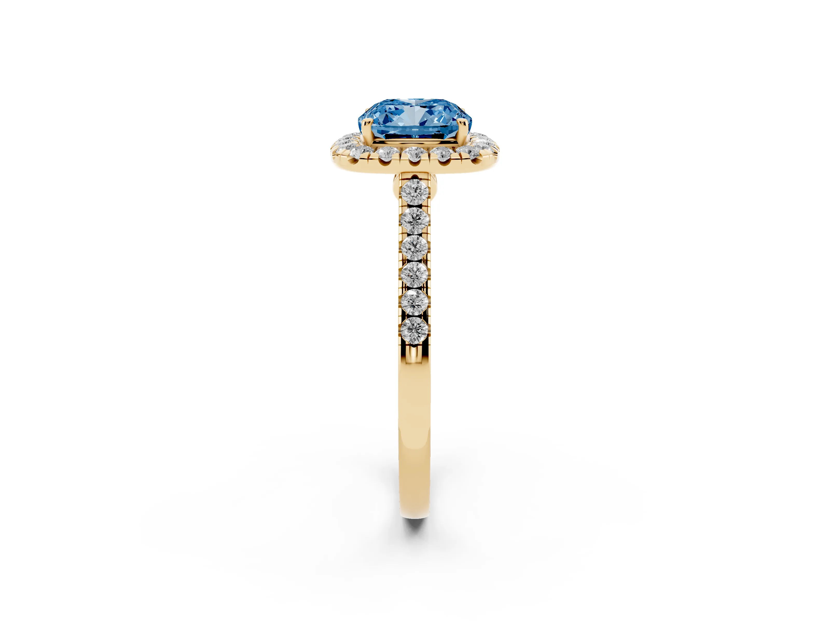 Fancy Blue Cushion Cut Diamond Halo Pavé Engagement Ring Set in Yellow gold with Prong Setting