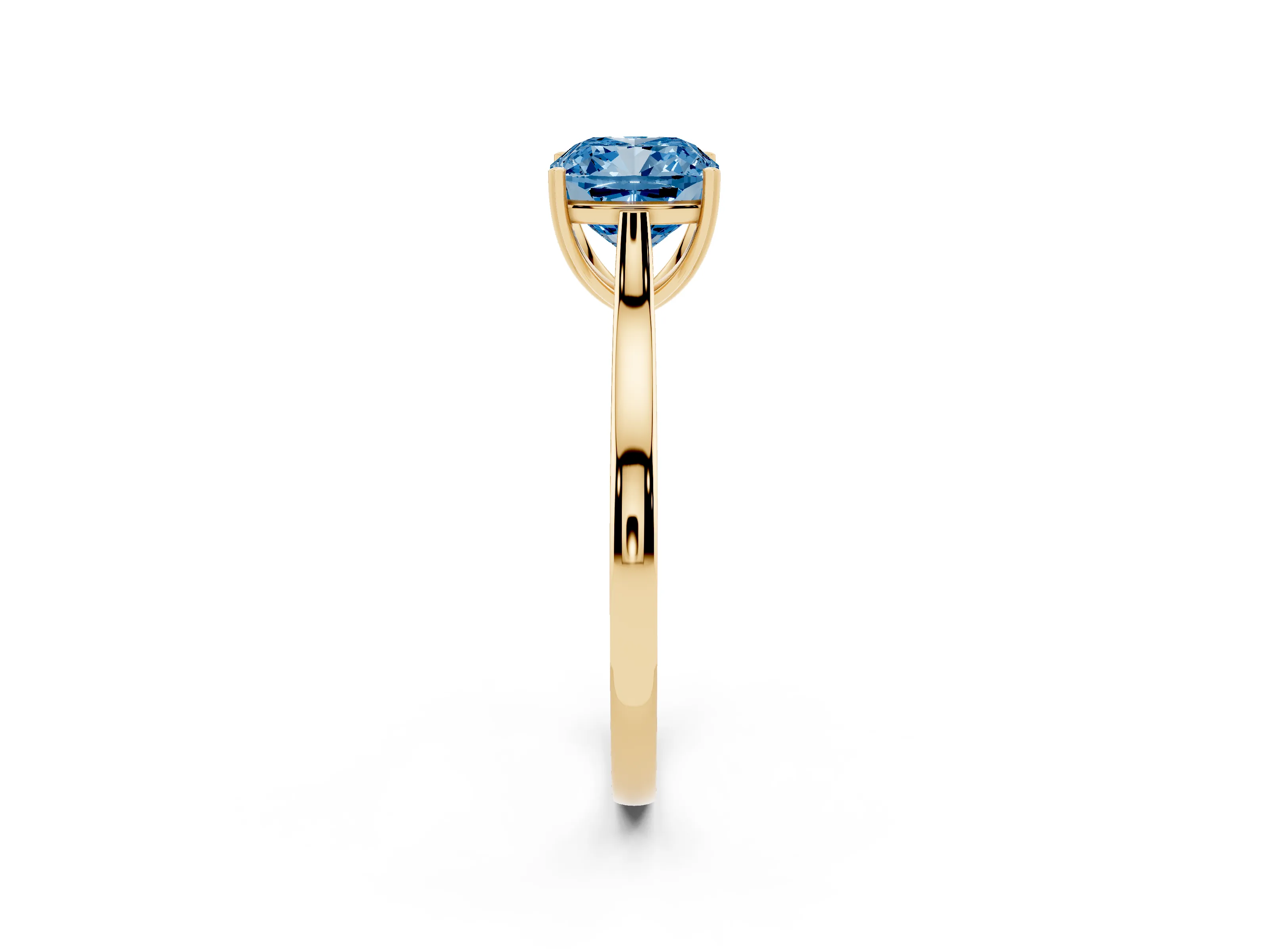 Fancy Blue Cushion Cut Diamond Solitaire Heart Prong Engagement Ring Set in Yellow gold with Tapered Band