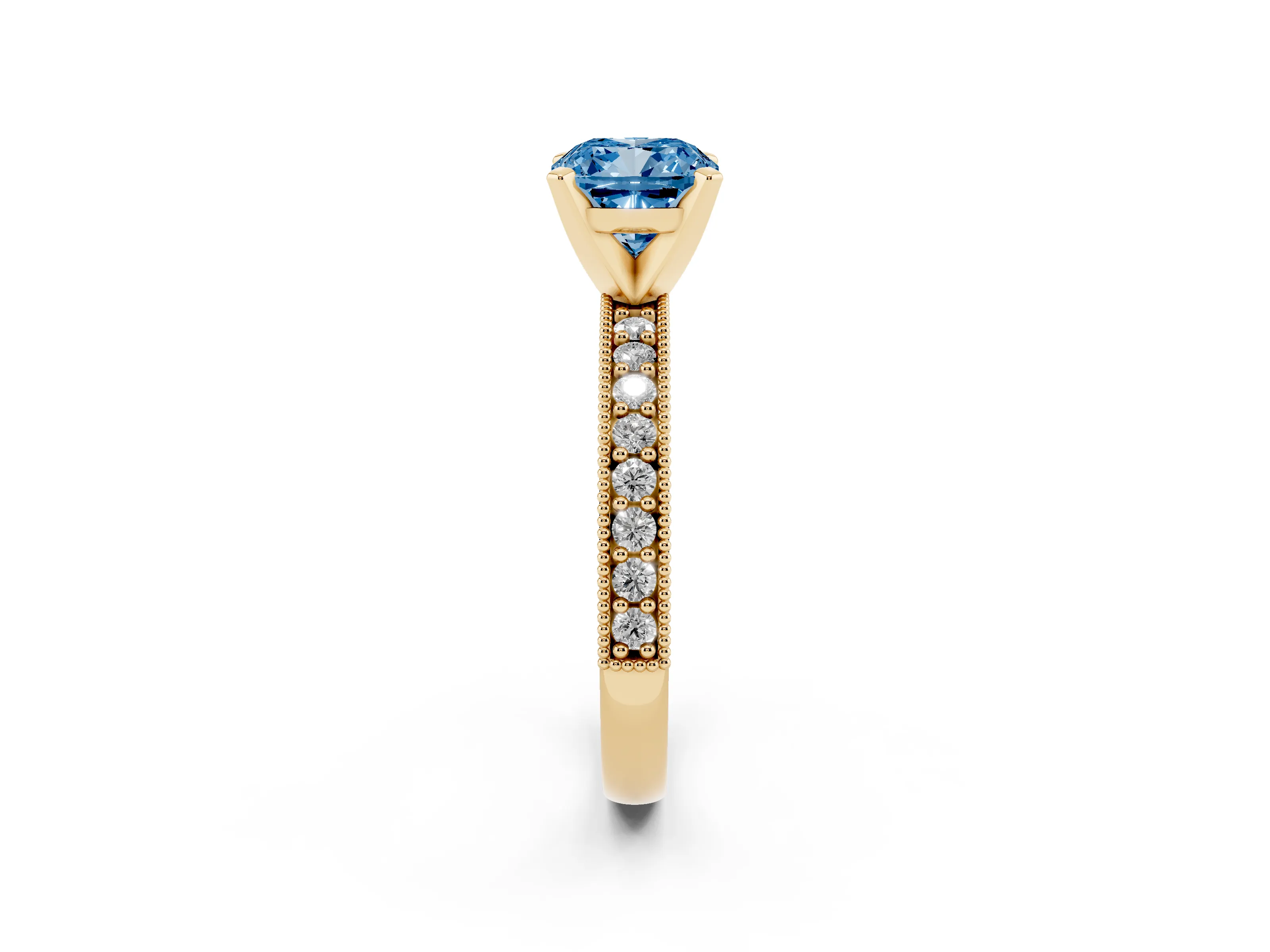 Fancy Blue Cushion Cut Diamond Milgrain Pavé Engagement Ring Set in Yellow gold with Prong Setting