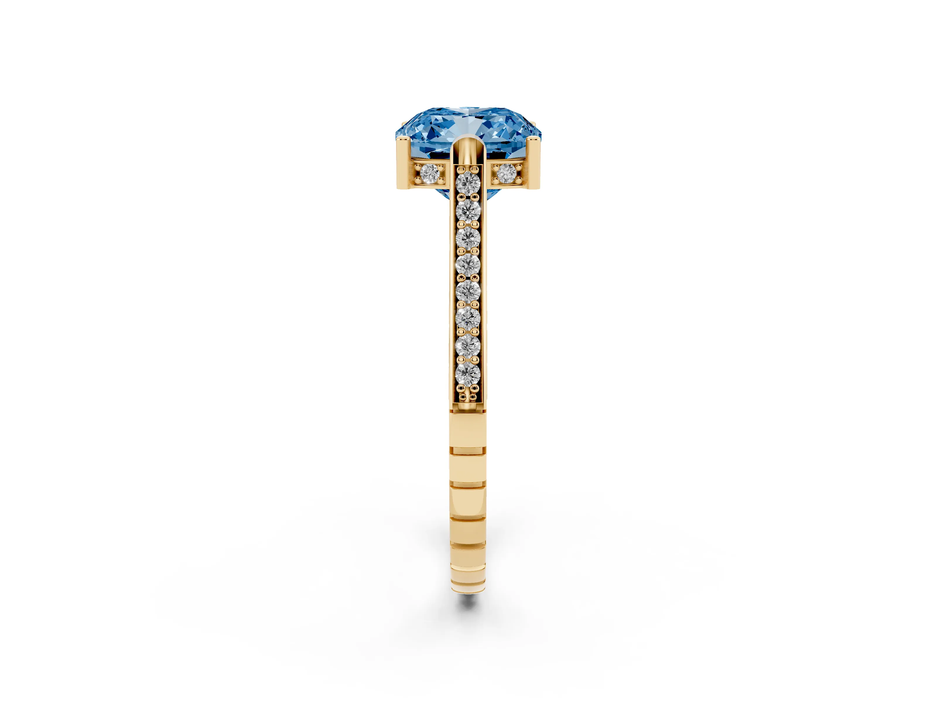 Fancy Blue Cushion Cut Diamond Solitaire Ring Set in Yellow gold with Channel Set Band and Bezel Prong Setting