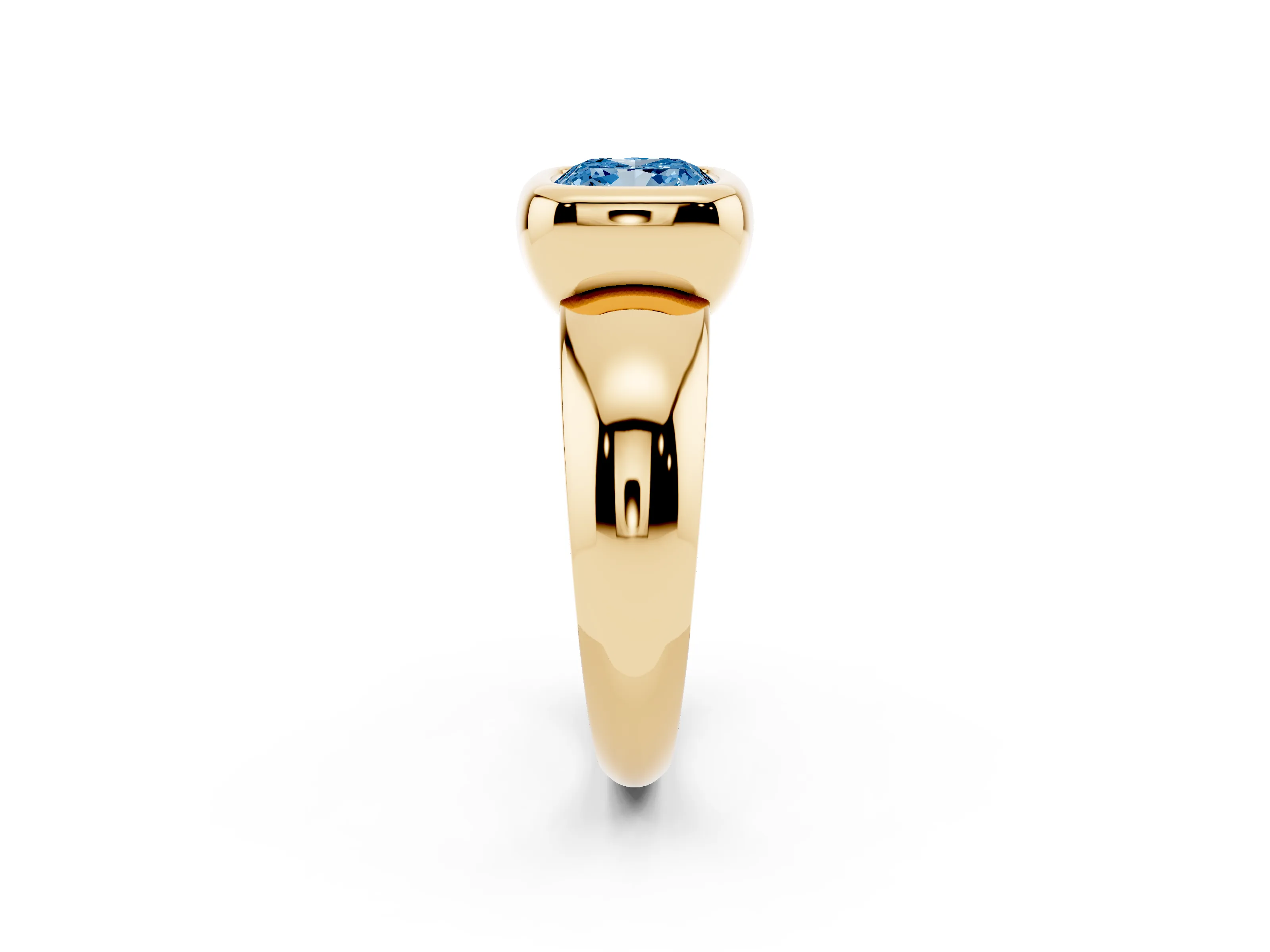 Fancy Blue Bezel Set Cushion Cut Diamond Solitaire Ring Set in Yellow gold with Wide Band
