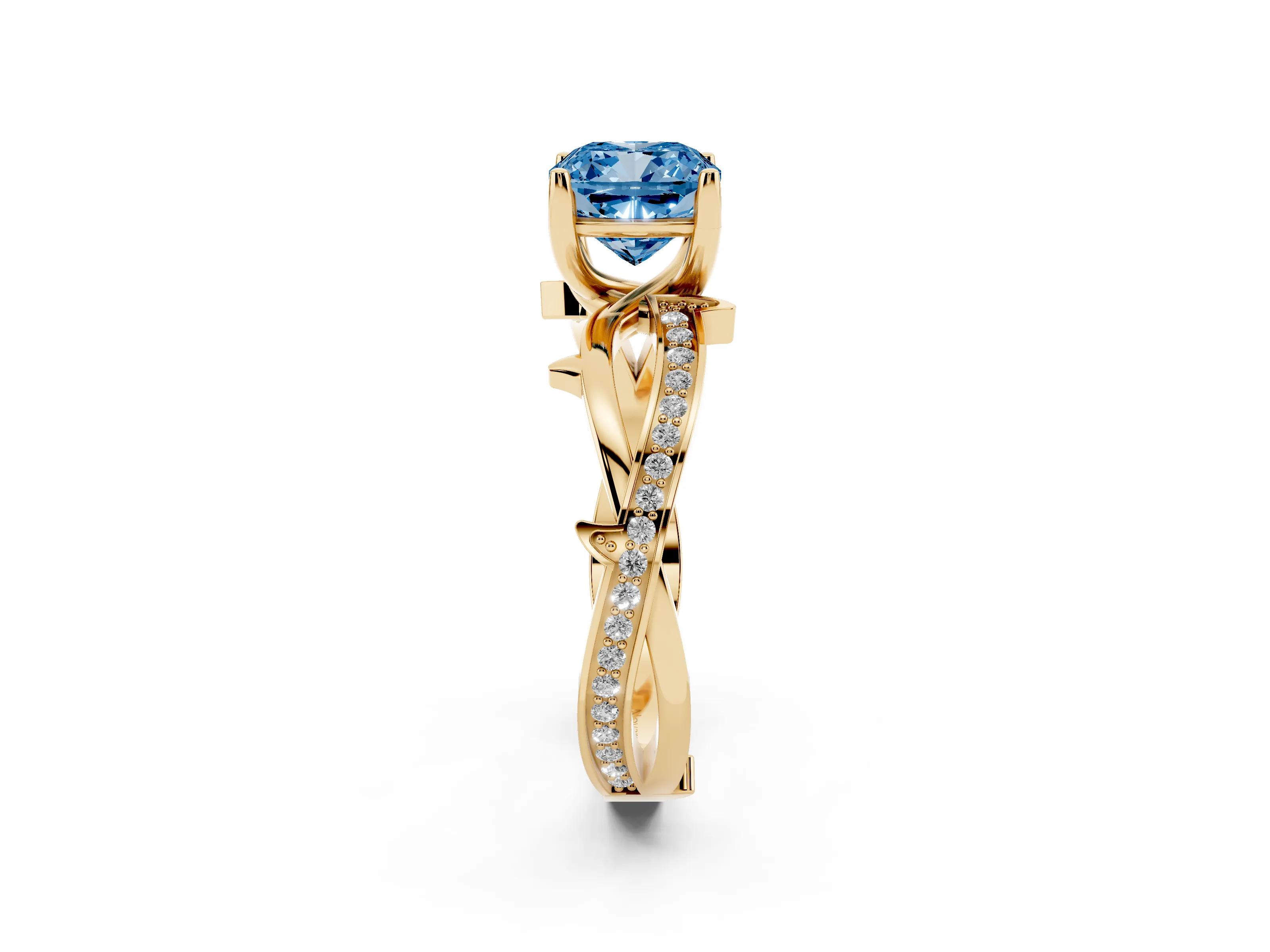 Fancy Blue Cushion Cut Diamond Pavé Twist Band Solitaire Ring Set in Yellow gold with Prong Setting