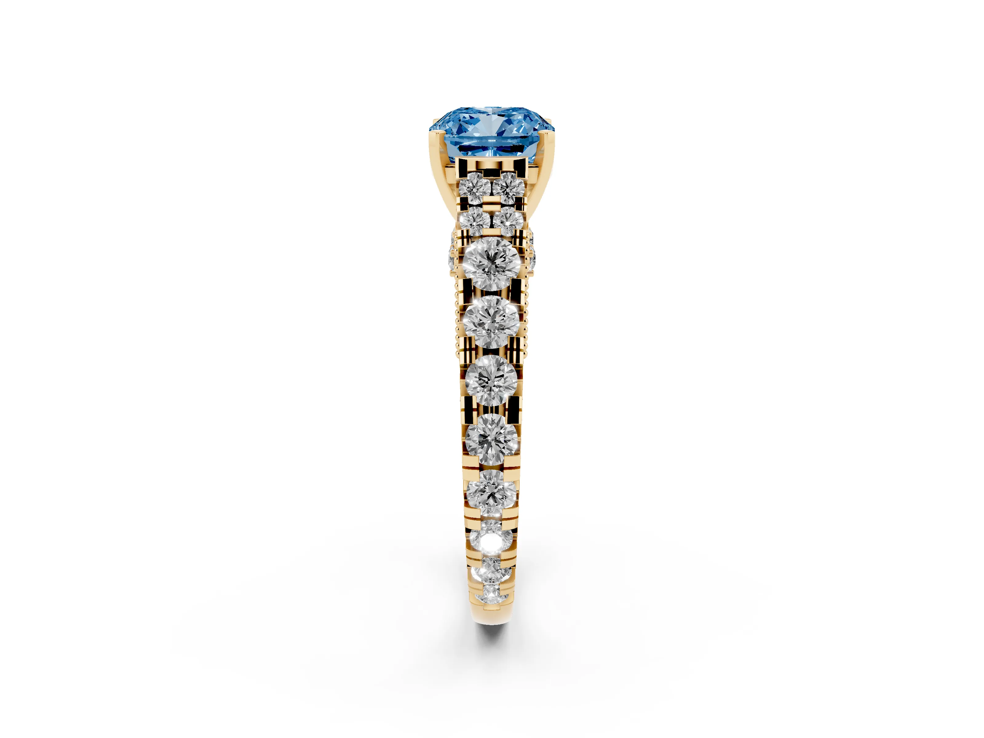 Fancy Blue Cushion Cut Diamond Classic Solitaire Ring Set in Yellow gold with Pavé Band and Prong Setting