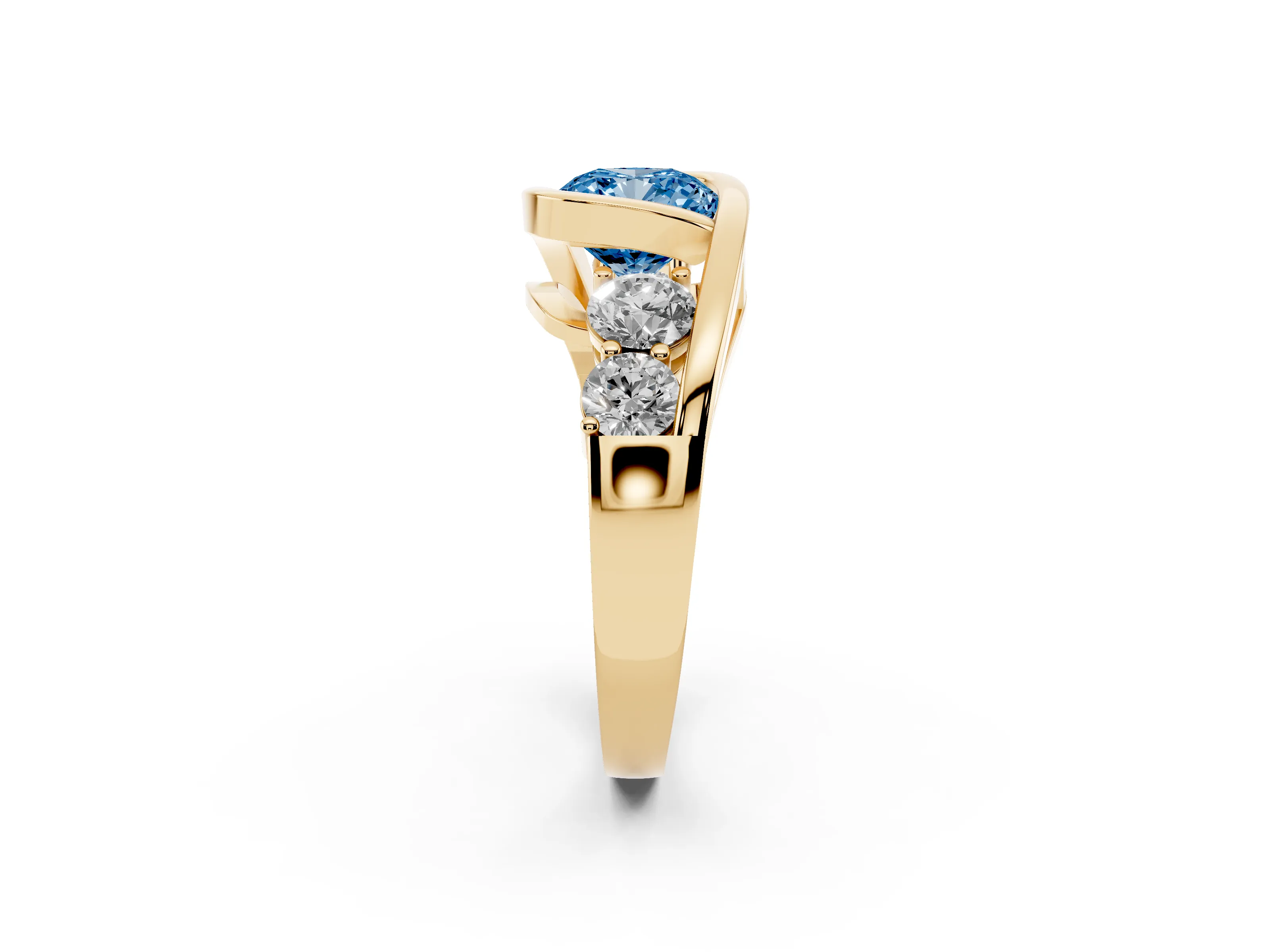 Fancy Blue Cushion Cut Diamond Bezel Bypass Ring Set in Yellow gold with Round Accents