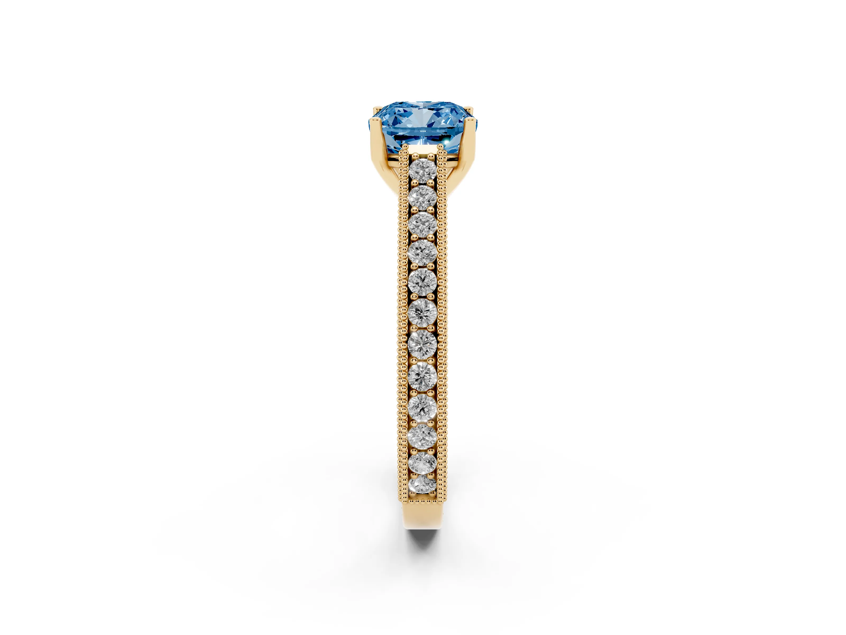 Fancy Blue Cushion Cut Diamond Milgrain Pavé Band Solitaire Ring Set in Yellow gold with Prong Setting