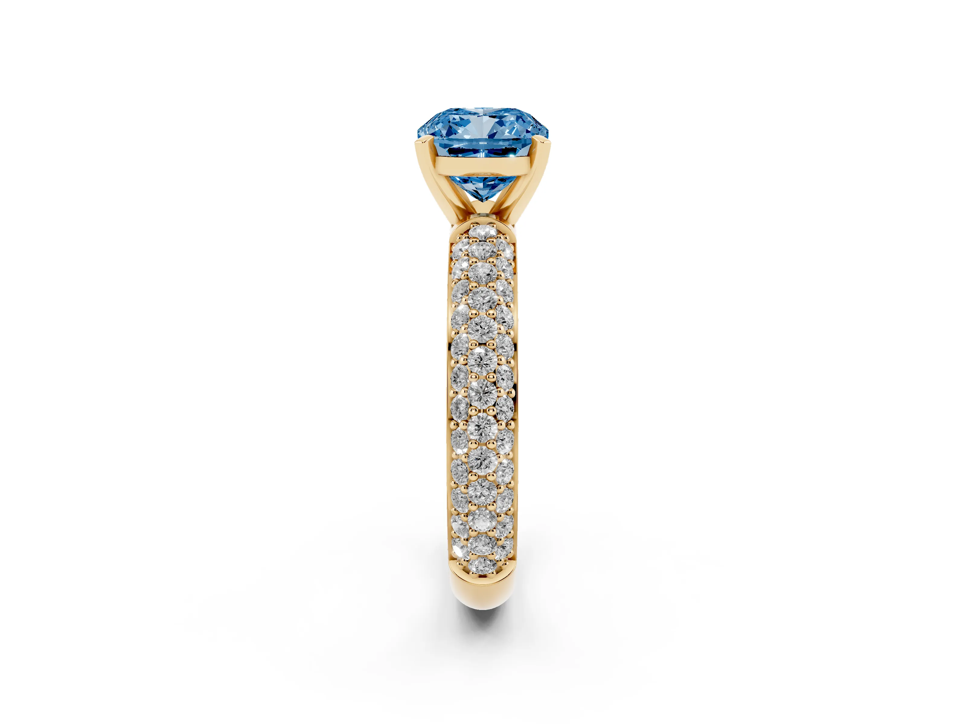 Fancy Blue Cushion Cut Diamond Solitaire Ring Set in Yellow gold with Prong Setting and Pavé-Set Band