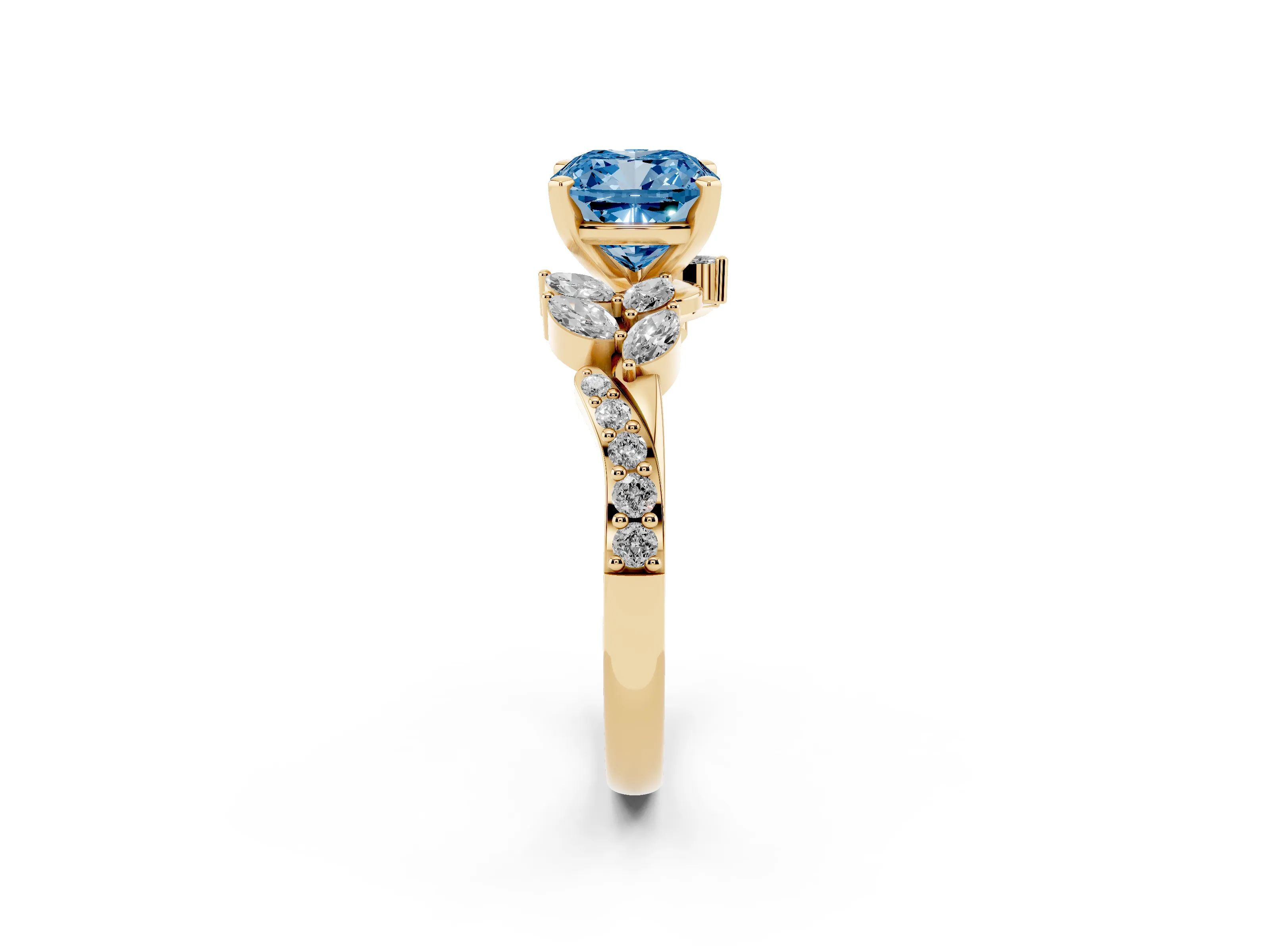 Fancy Blue Cushion Cut Diamond Solitaire Ring Set in Yellow gold with Marquise Twist Band and Prong Setting
