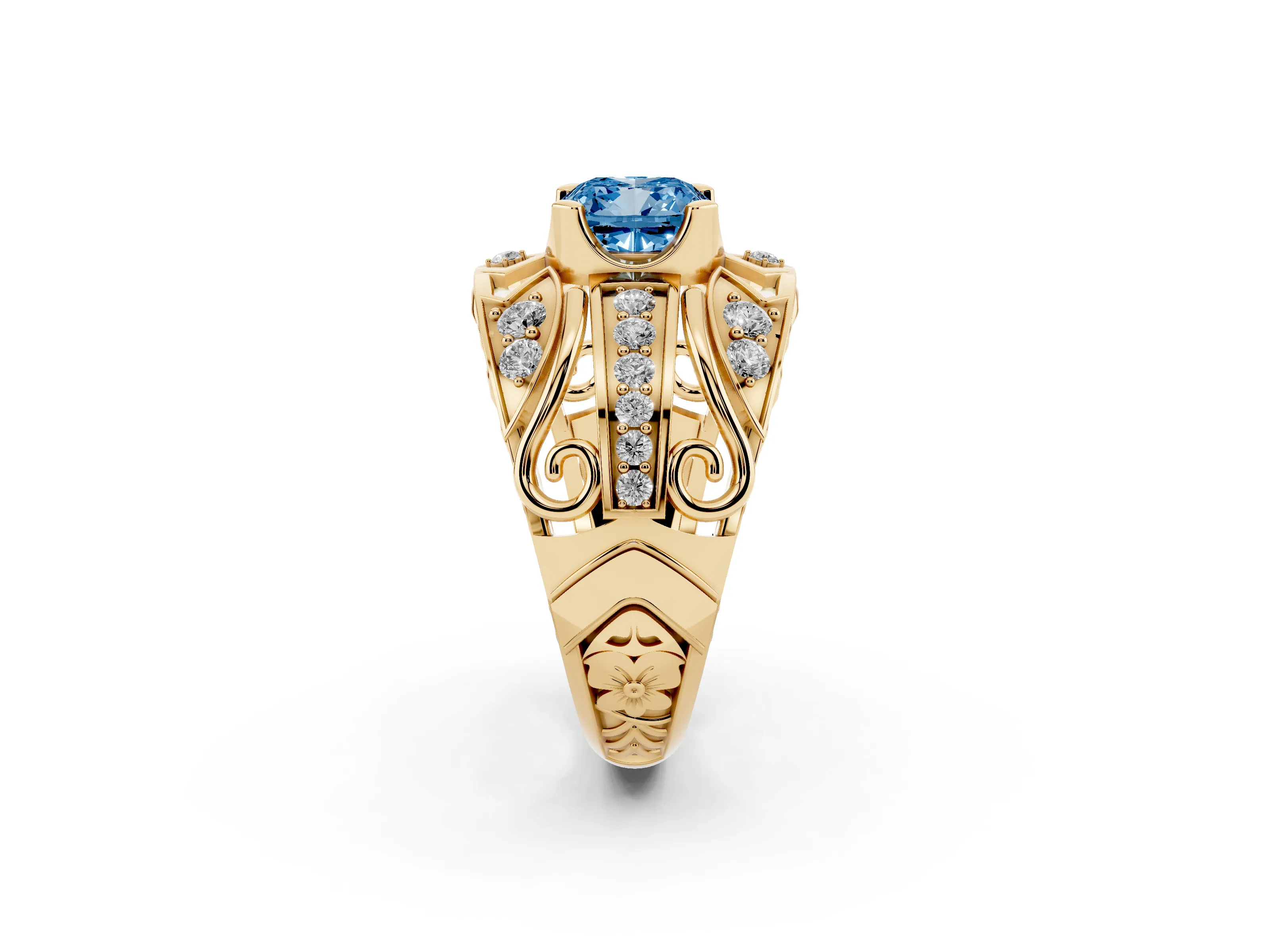 Fancy Blue Cushion Cut Diamond Art Deco Ring Set in Yellow gold with Pavé Split Shank