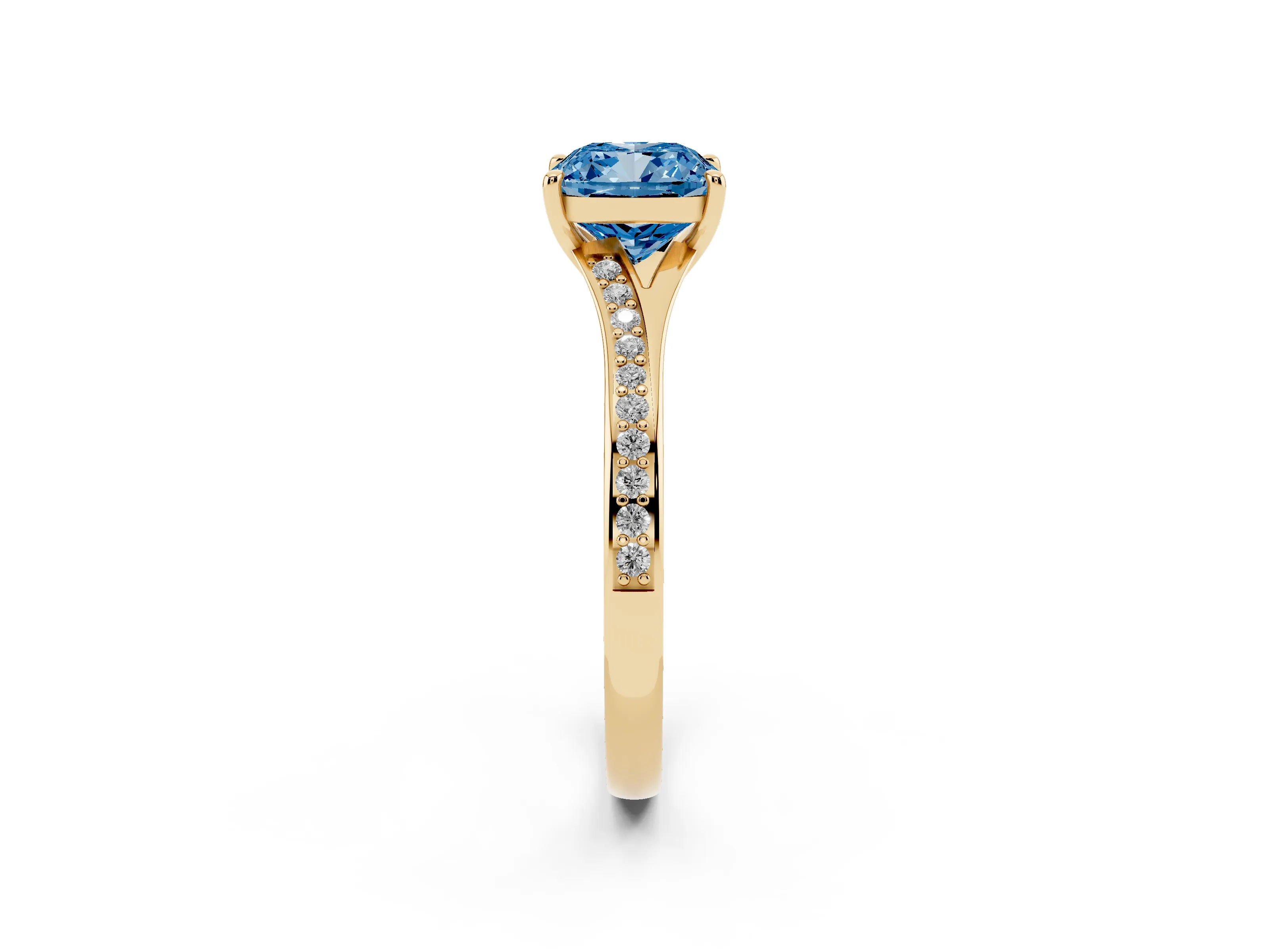 Fancy Blue Cushion Cut Diamond Solitaire Ring Set in Yellow gold with Pavé Accent Band and Classic Prong Setting