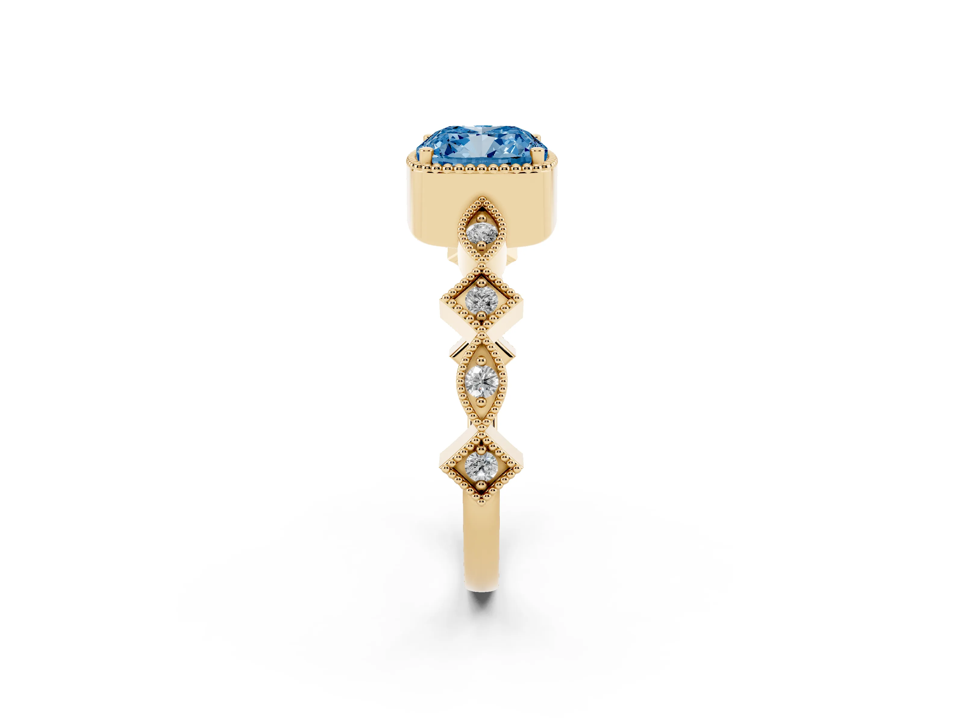 Fancy Blue Cushion Cut Diamond Milgrain Marquise Twist Band Ring Set in Yellow gold with Prong Setting