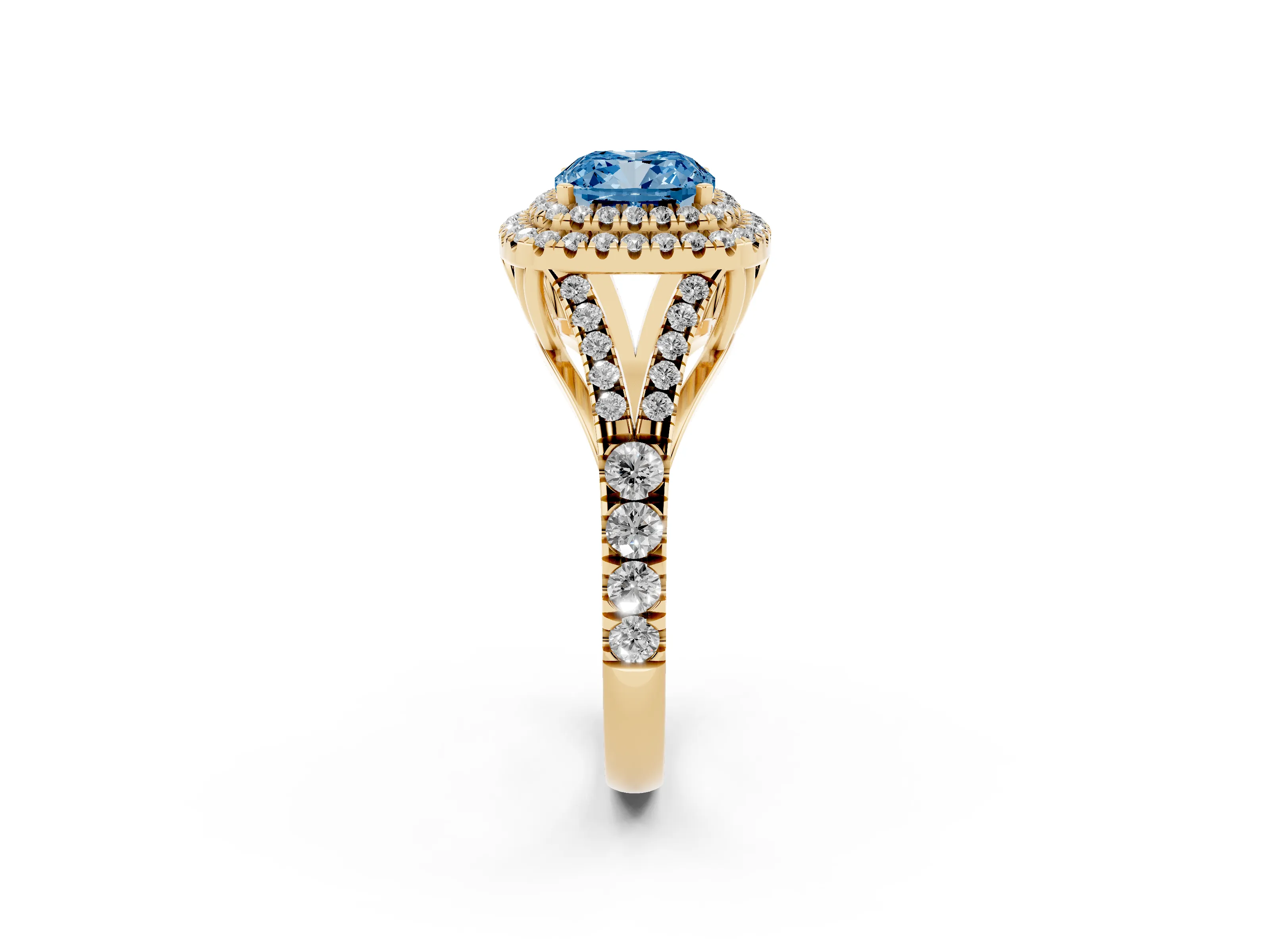 Fancy Blue Cushion Cut Diamond Pavé Split Shank Double Halo Engagement Ring Set in Yellow gold