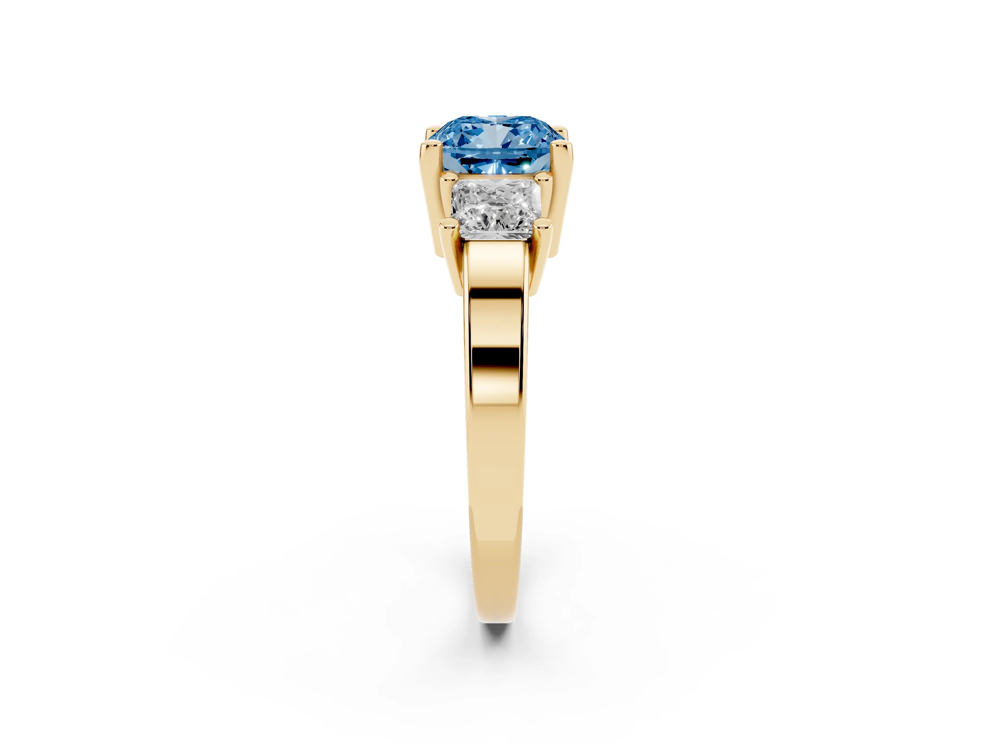Fancy Blue Three-Stone Cushion Cut Diamond Solitaire Ring Set in Yellow gold with Prong Setting