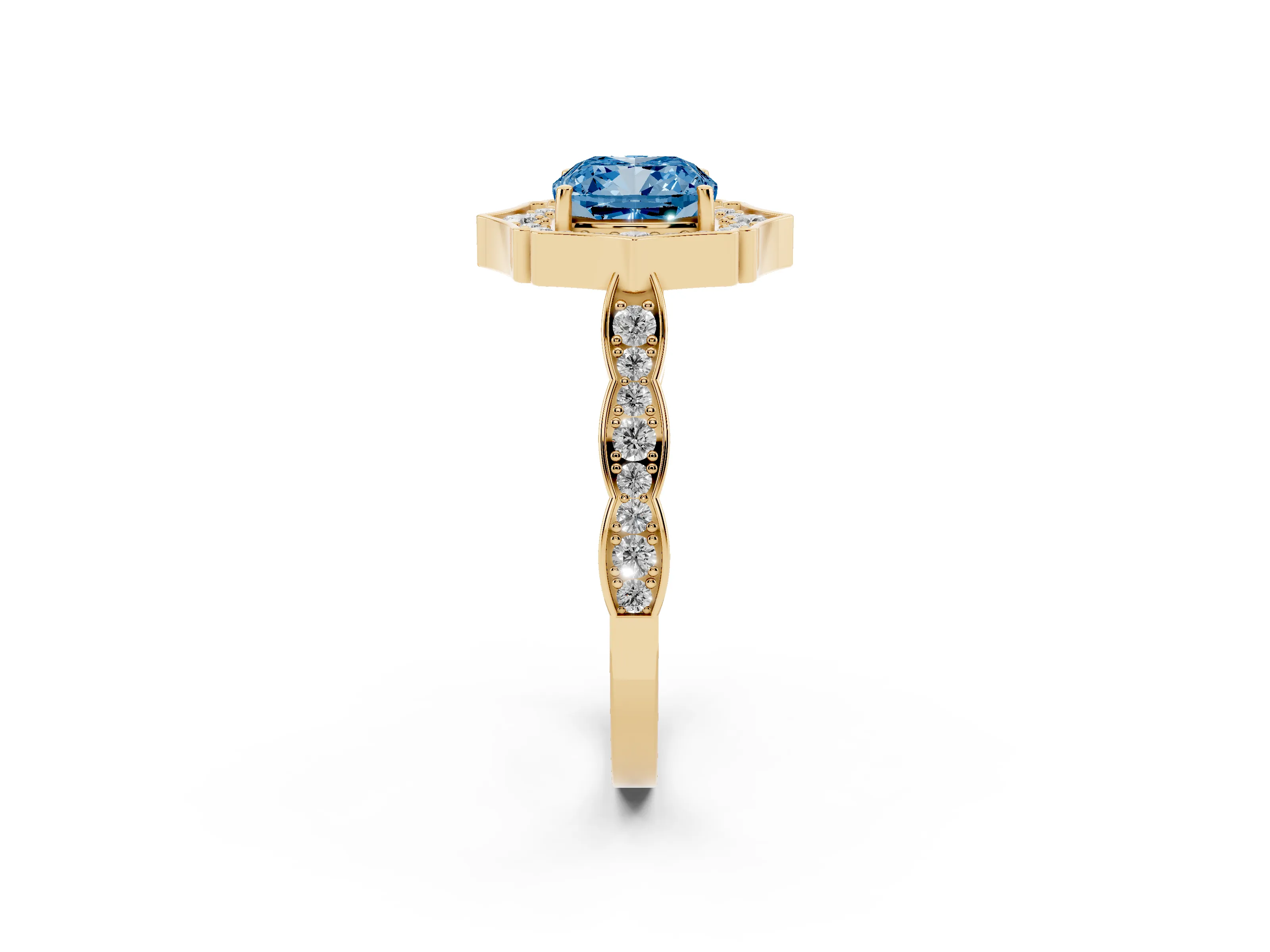 Fancy Blue Cushion Cut Diamond Halo Engagement Ring Set in Yellow gold with Milgrain Band and Prong Setting