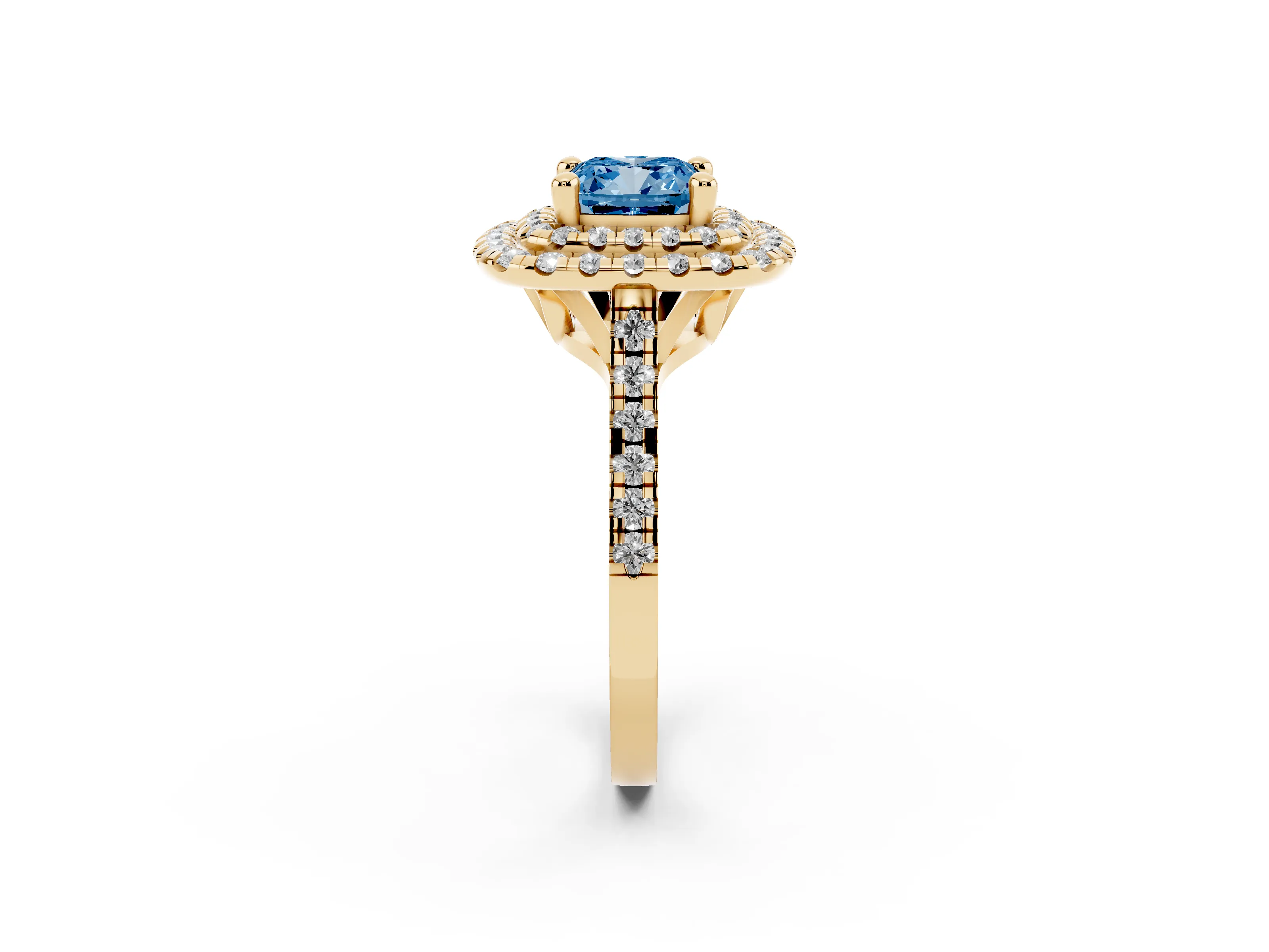 Fancy Blue Cushion Cut Diamond Double Halo Statement Ring Set in Yellow gold with Pavé Band