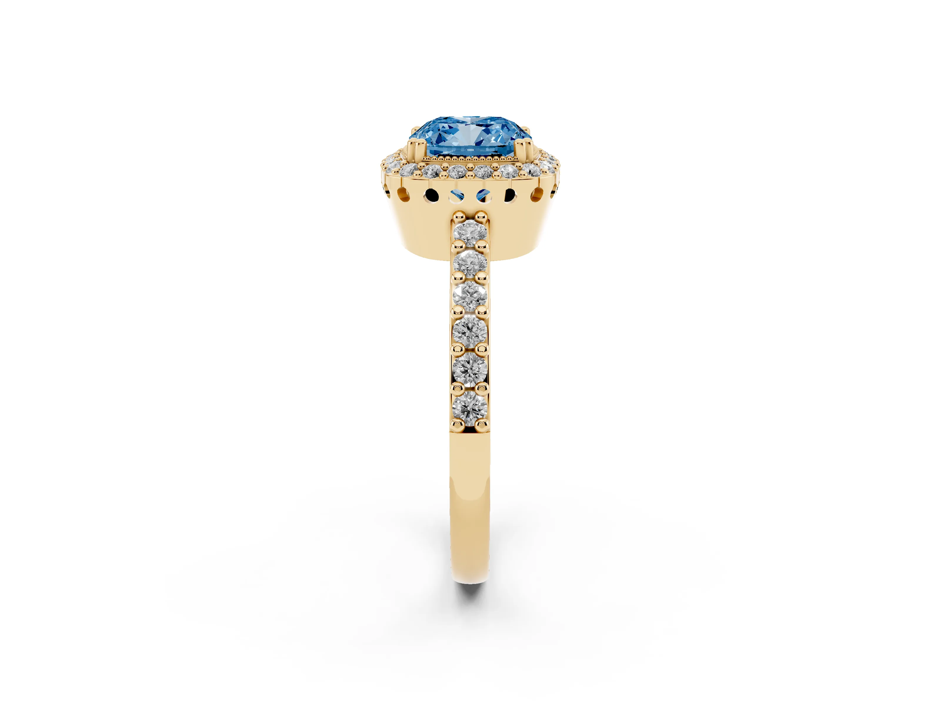 Fancy Blue Cushion Cut Diamond Halo Engagement Ring Set in Yellow gold with Milgrain Detail and Pavé Band