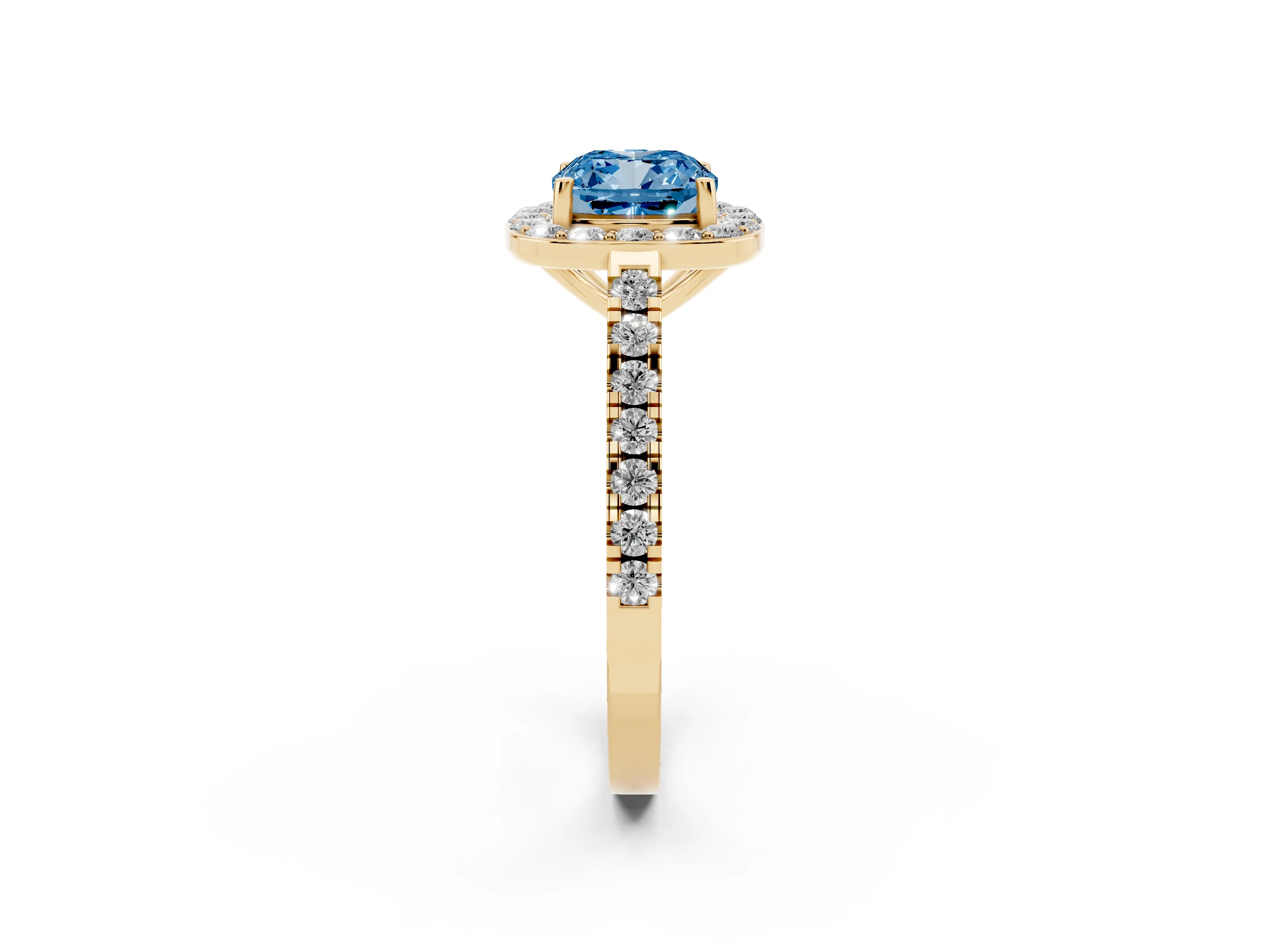 Fancy Blue Cushion Cut Diamond Halo Ring Set in Yellow gold with Round Pavé Split Shank and Prong Setting