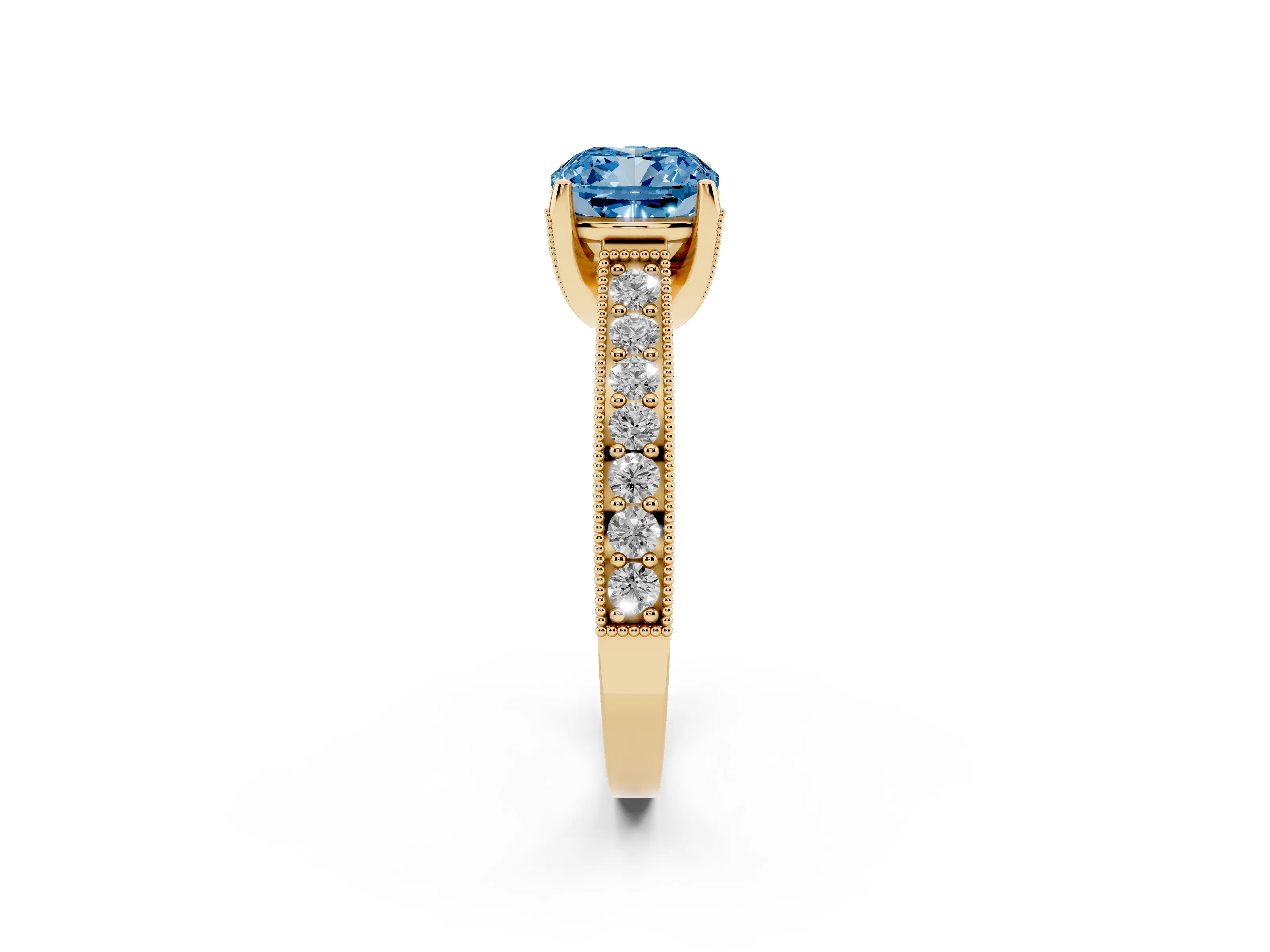 Fancy Blue Cushion Cut Diamond Solitaire Ring Set in Yellow gold with Milgrain-Edged Pavé Band and Prong Setting