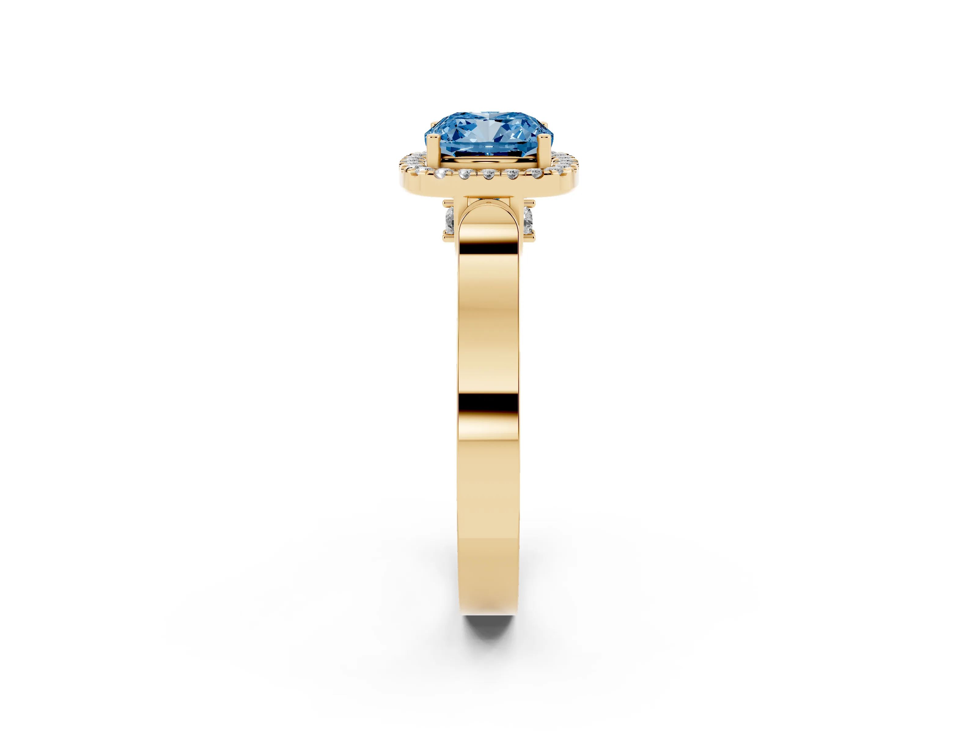 Fancy Blue Cushion Cut Diamond Halo Ring Set in Yellow gold with Pavé-Lined Split Shank Band