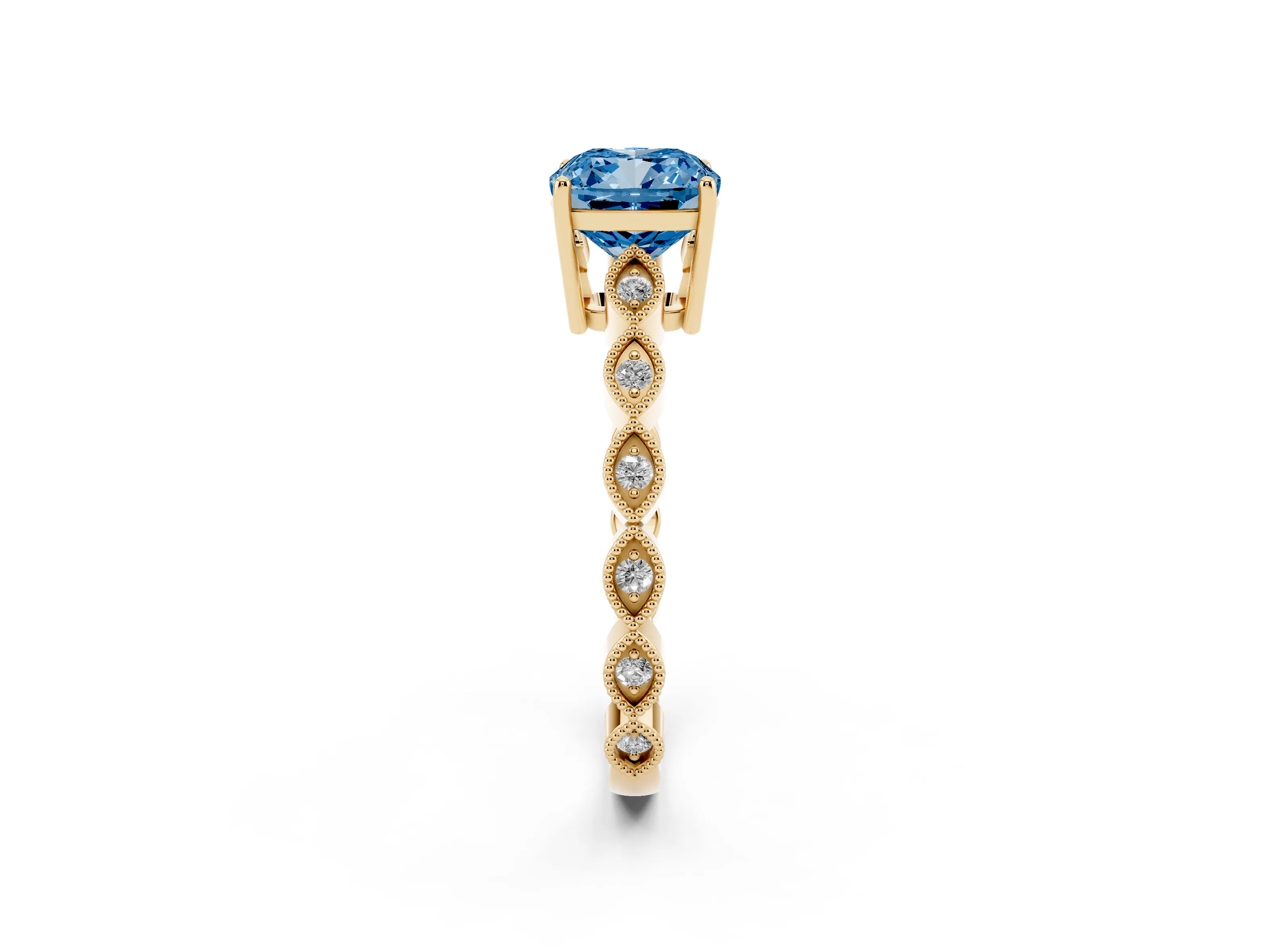 Fancy Blue Cushion Cut Diamond Solitaire Ring Set in Yellow gold with Infinity Twist Pavé Band