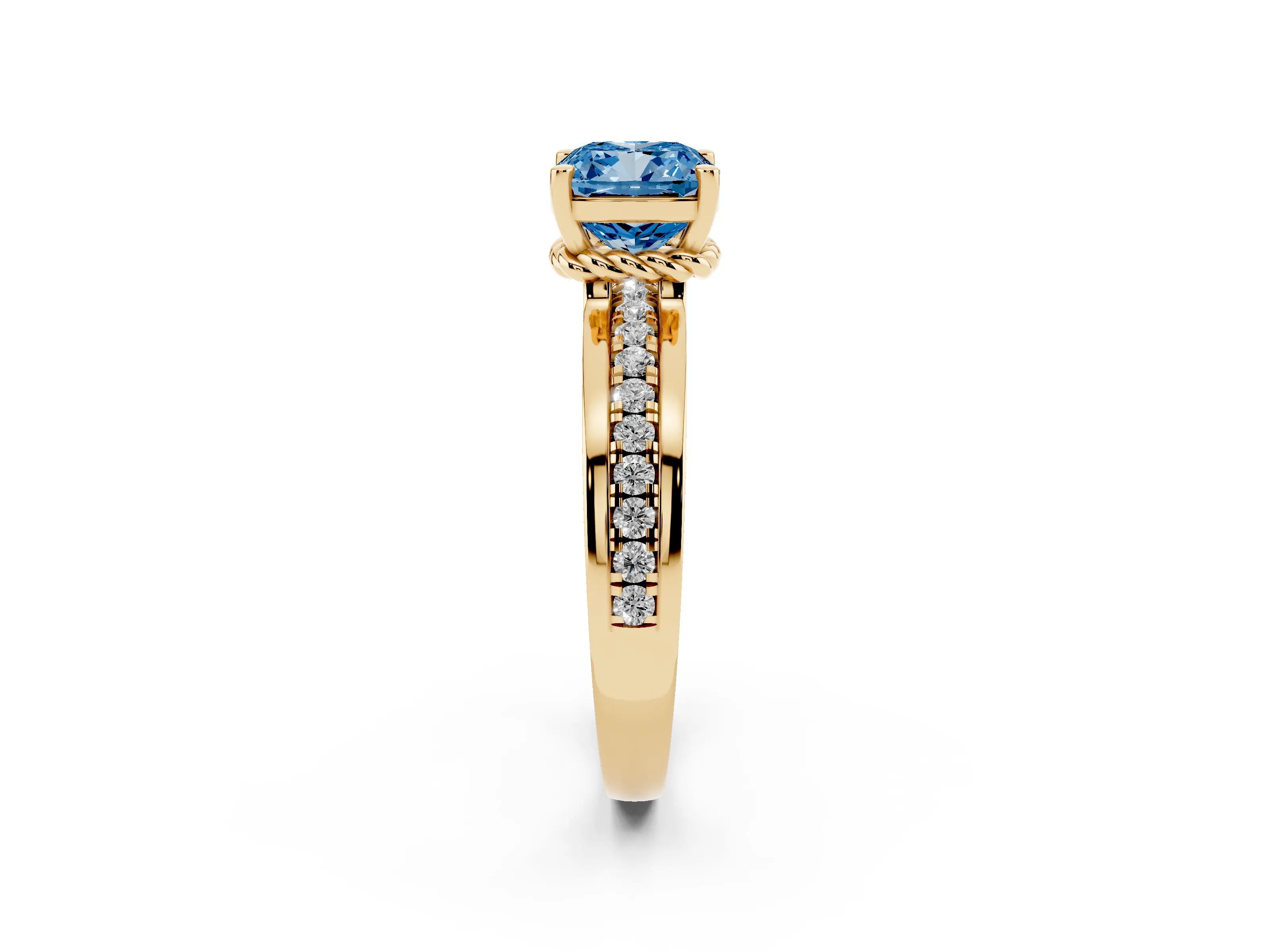 Fancy Blue Cushion Cut Diamond Solitaire Ring Set in Yellow gold with Channel Set Band and Prong Setting