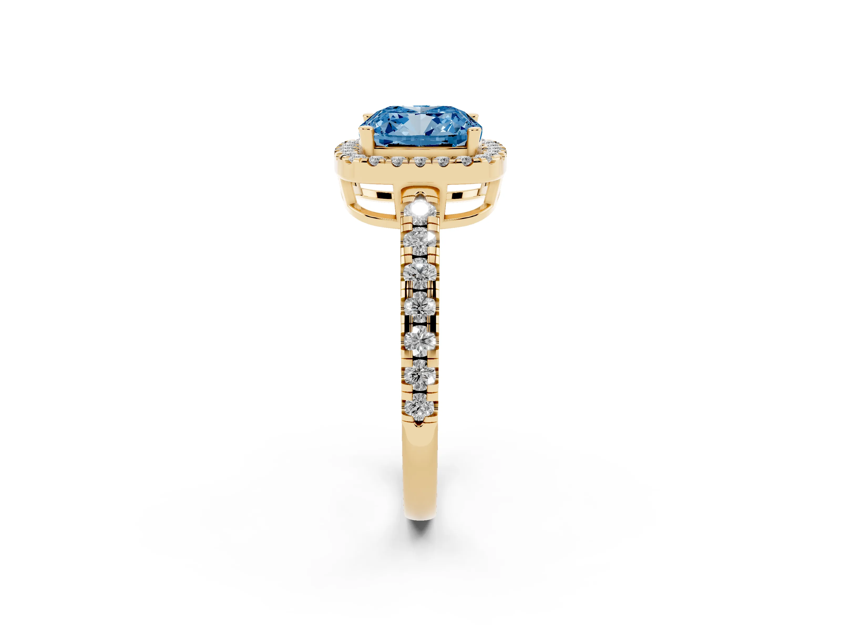 Fancy Blue Cushion Cut Diamond Halo Ring Set in Yellow gold with Delicate Pavé Band and Prong Setting