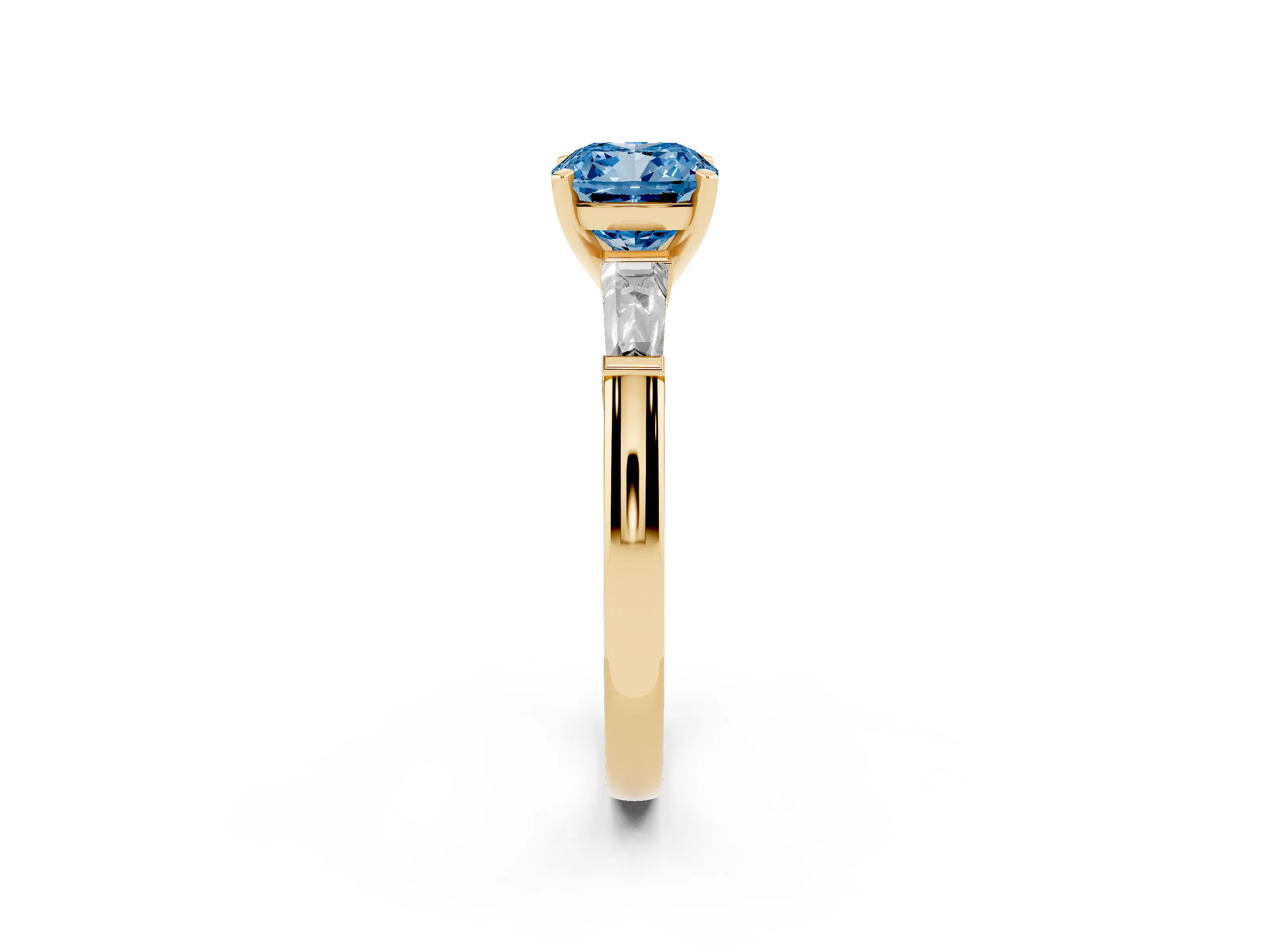 Fancy Blue Cushion Cut Diamond Solitaire Ring Set in Yellow gold with Tapered Baguette Side Stones and Prong Setting