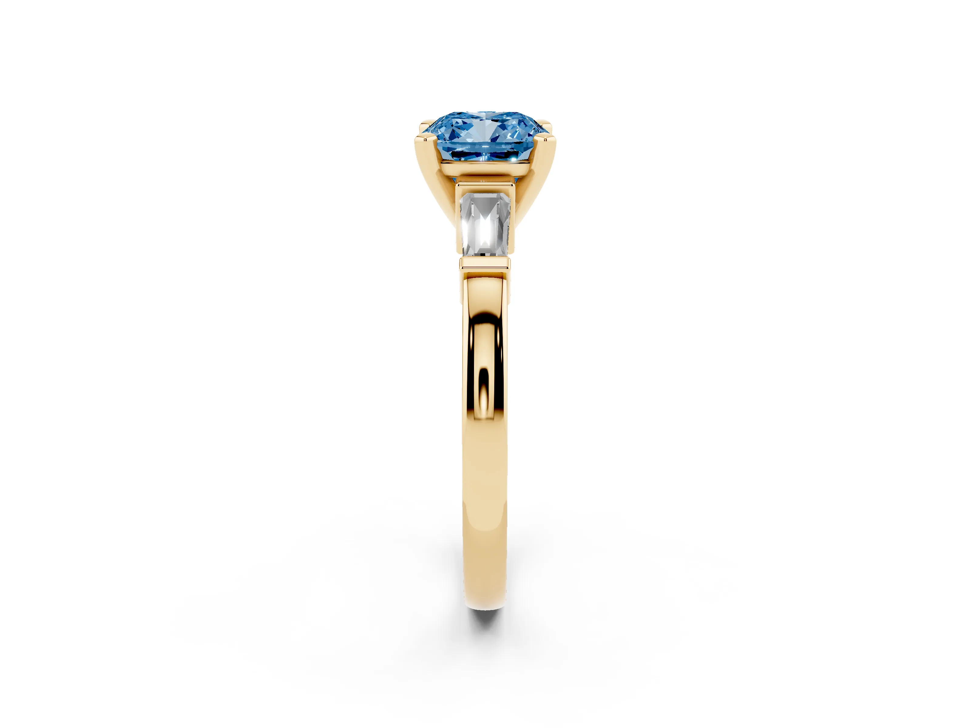 Fancy Blue Cushion Cut Diamond Solitaire Ring Set in Yellow gold with Tapered Baguette Accents and Prong Setting