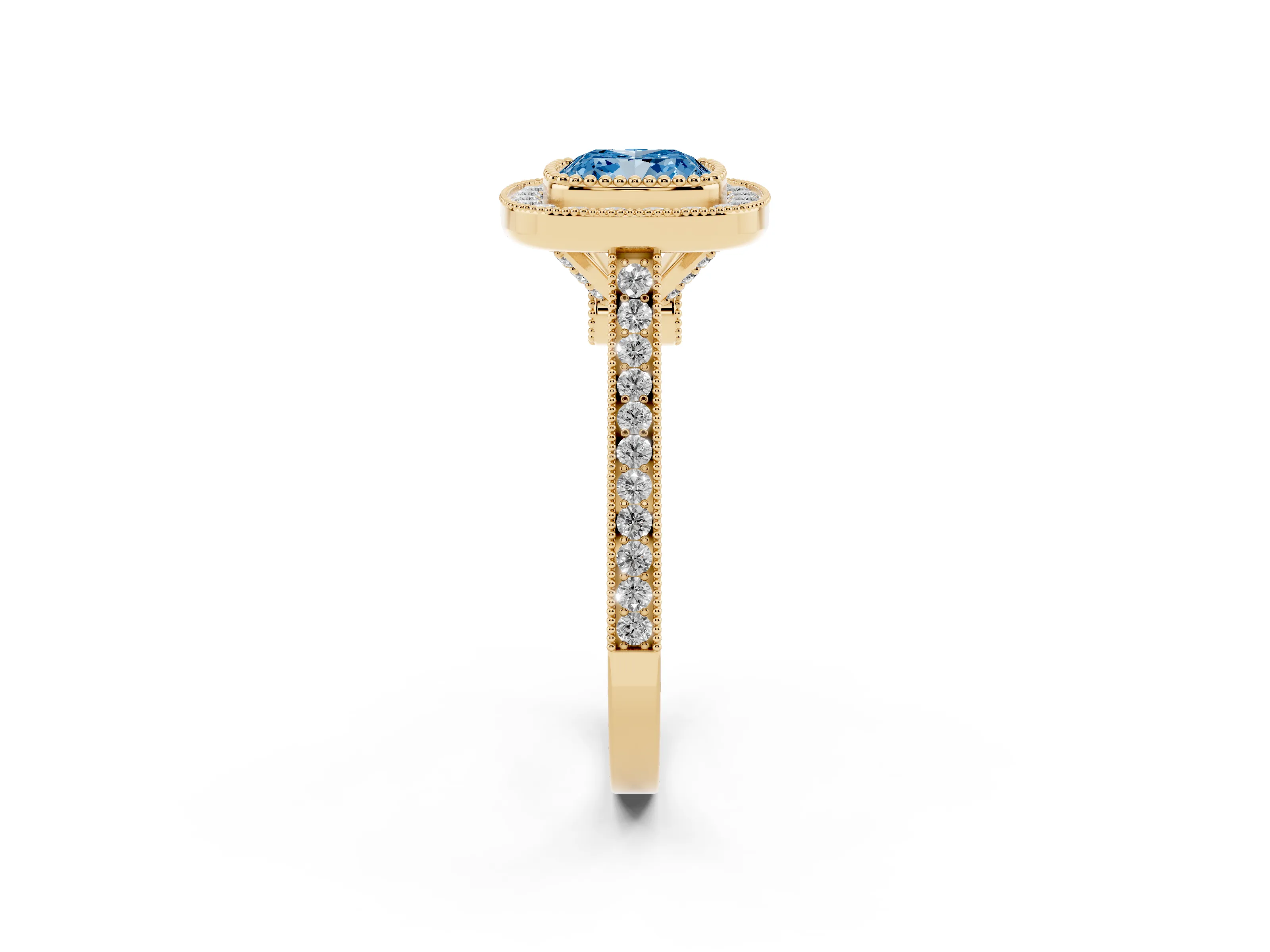 Fancy Blue Cushion Cut Diamond Halo Ring Set in Yellow gold with Milgrain Frame and Pavé Band