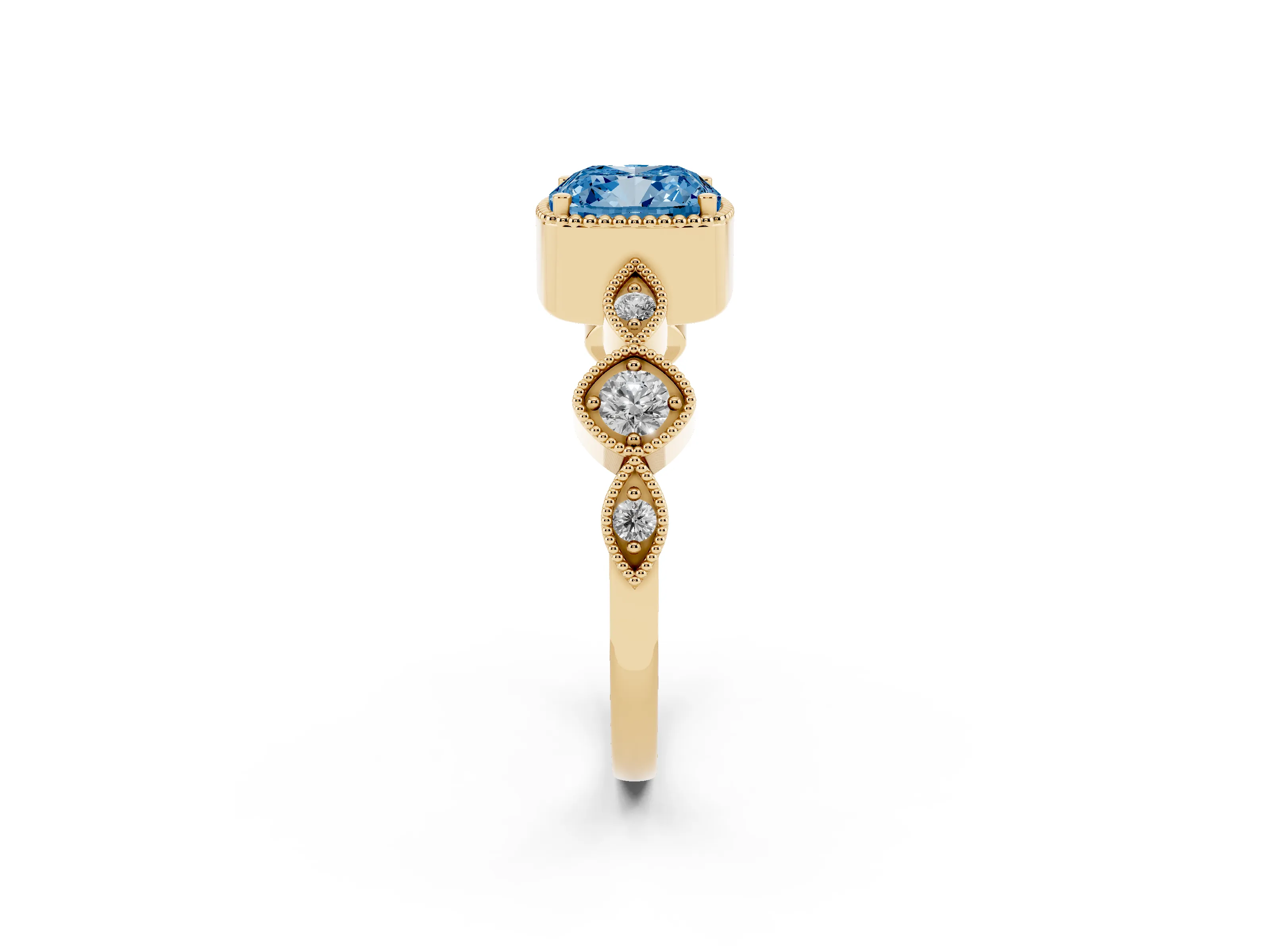 Fancy Blue Cushion Cut Diamond Vintage-Inspired Milgrain Ring Set in Yellow gold with Marquise Stations of Round Accents