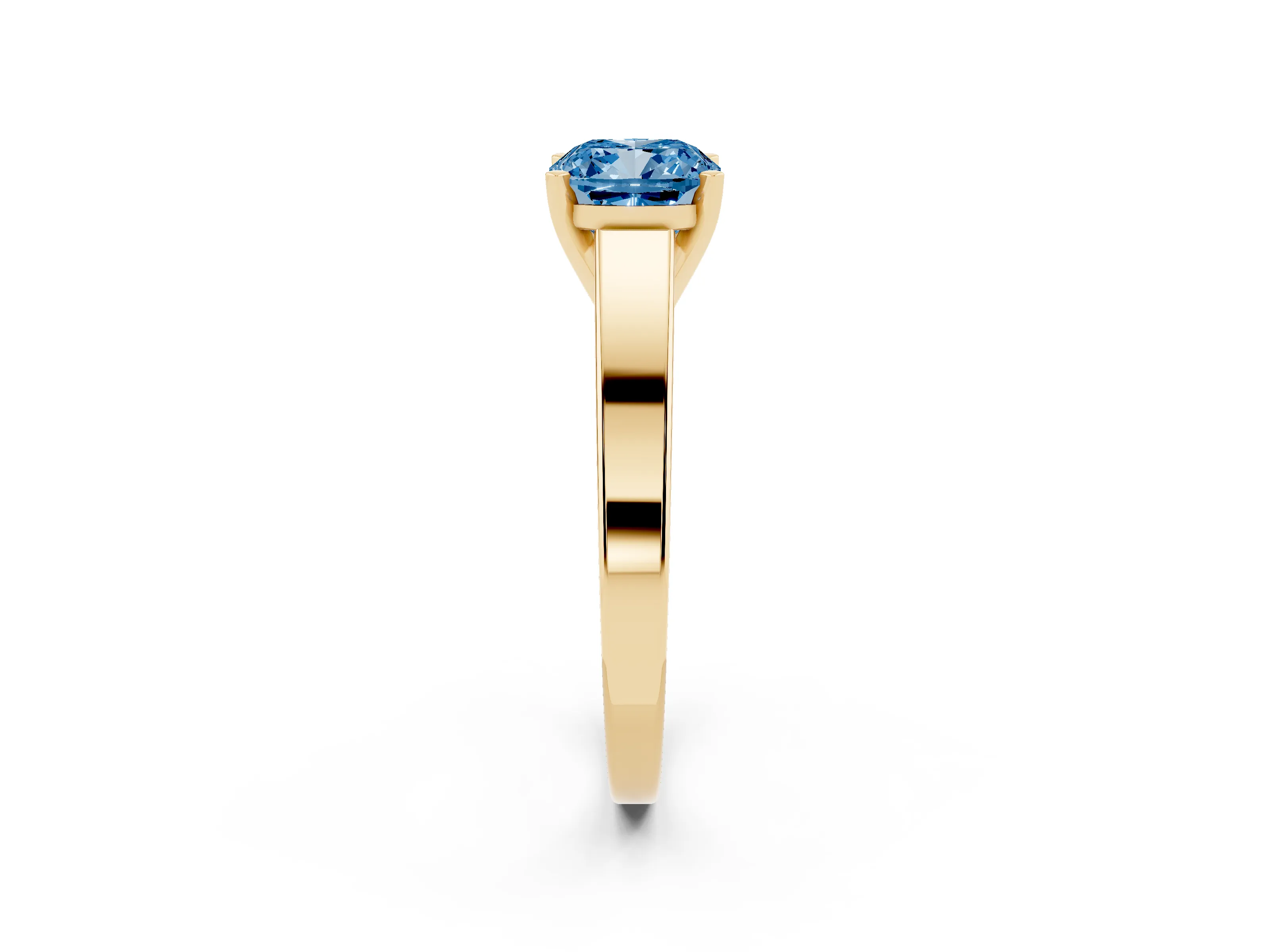 Fancy Blue Cushion Cut Diamond Solitaire Engagement Ring Set in Yellow gold with Prong Setting and Tapered Band