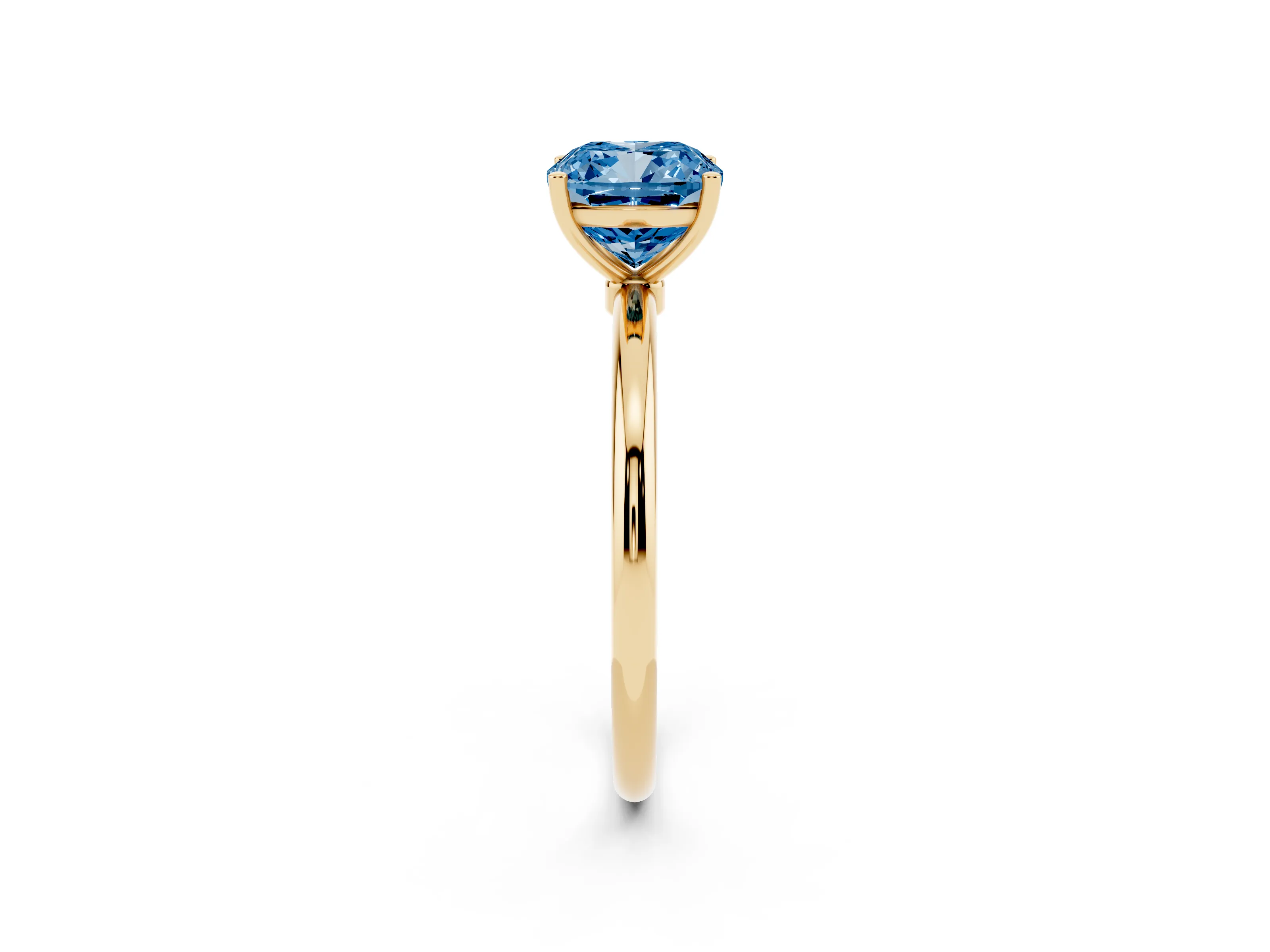 Fancy Blue Cushion Cut Diamond Solitaire Engagement Ring Set in Yellow gold with Thin Band and Prong Setting