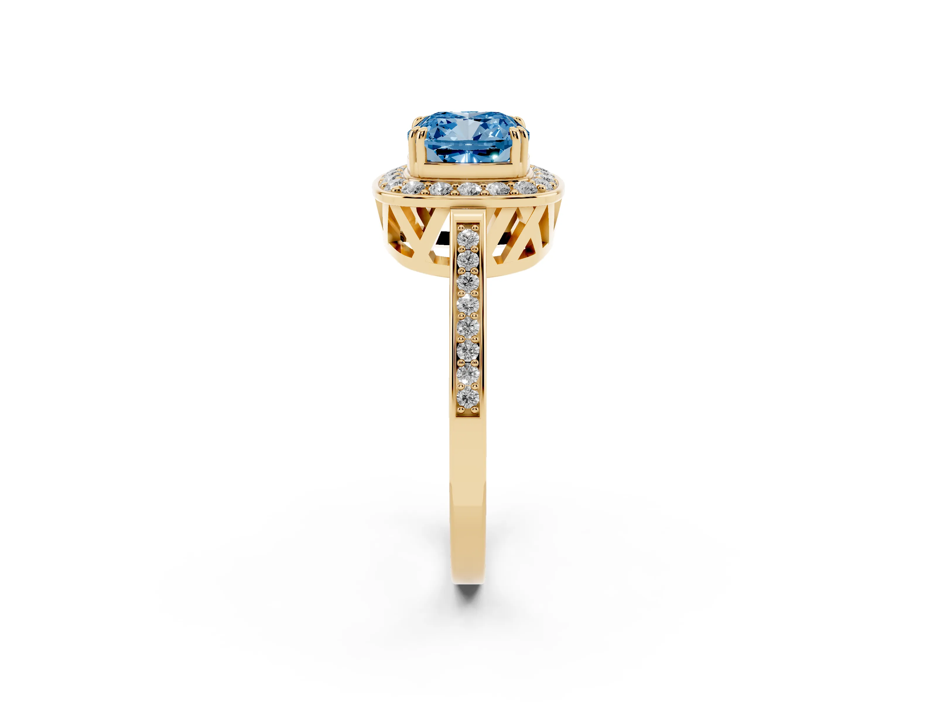 Fancy Blue Cushion Cut Diamond Halo Ring Set in Yellow gold with Accent-Lined Split Shank and Prong Setting